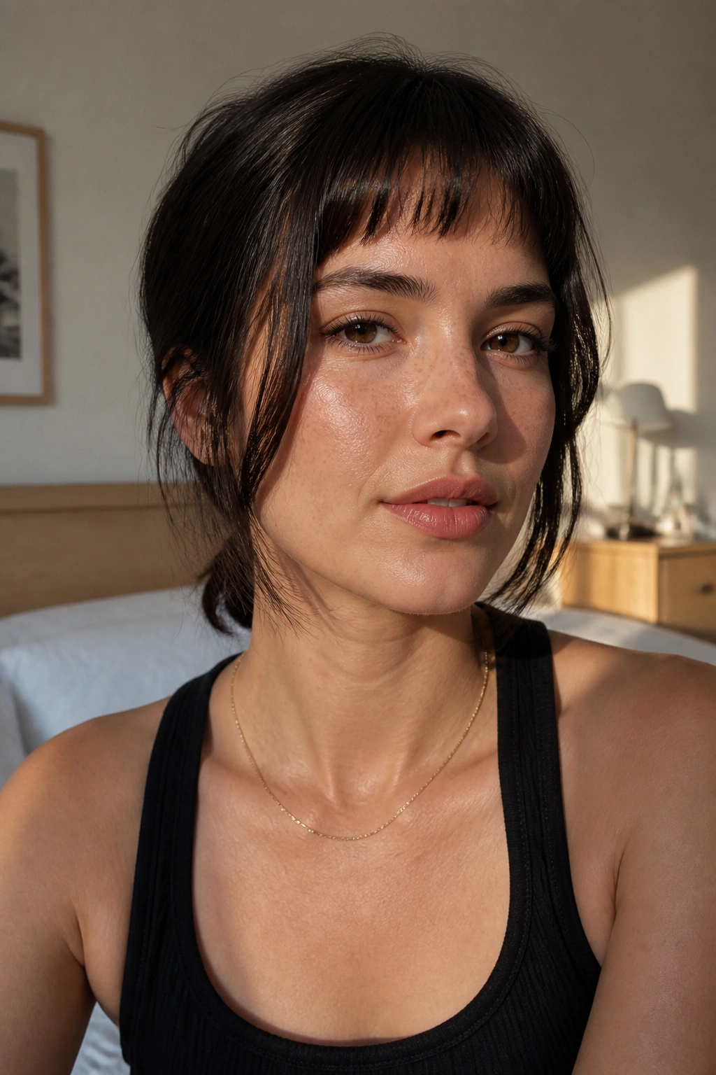 Close-up of a real woman with grown-out micro bangs and cheekbone-length face-framing pieces