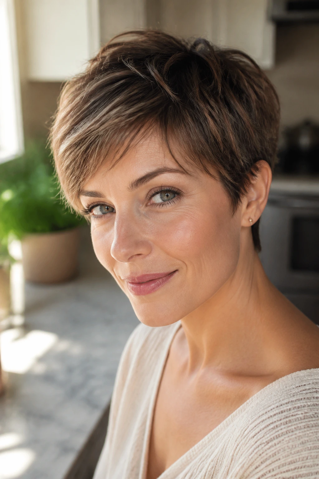 Close-up of a person with a Grown-Out Pixie under warm kitchen light