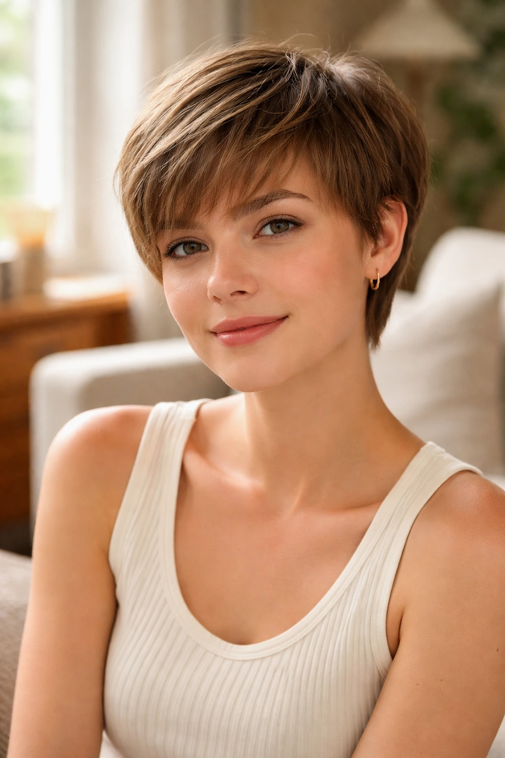 Portrait of a real girl with a grown-out pixie displaying softer fringe and blended sides