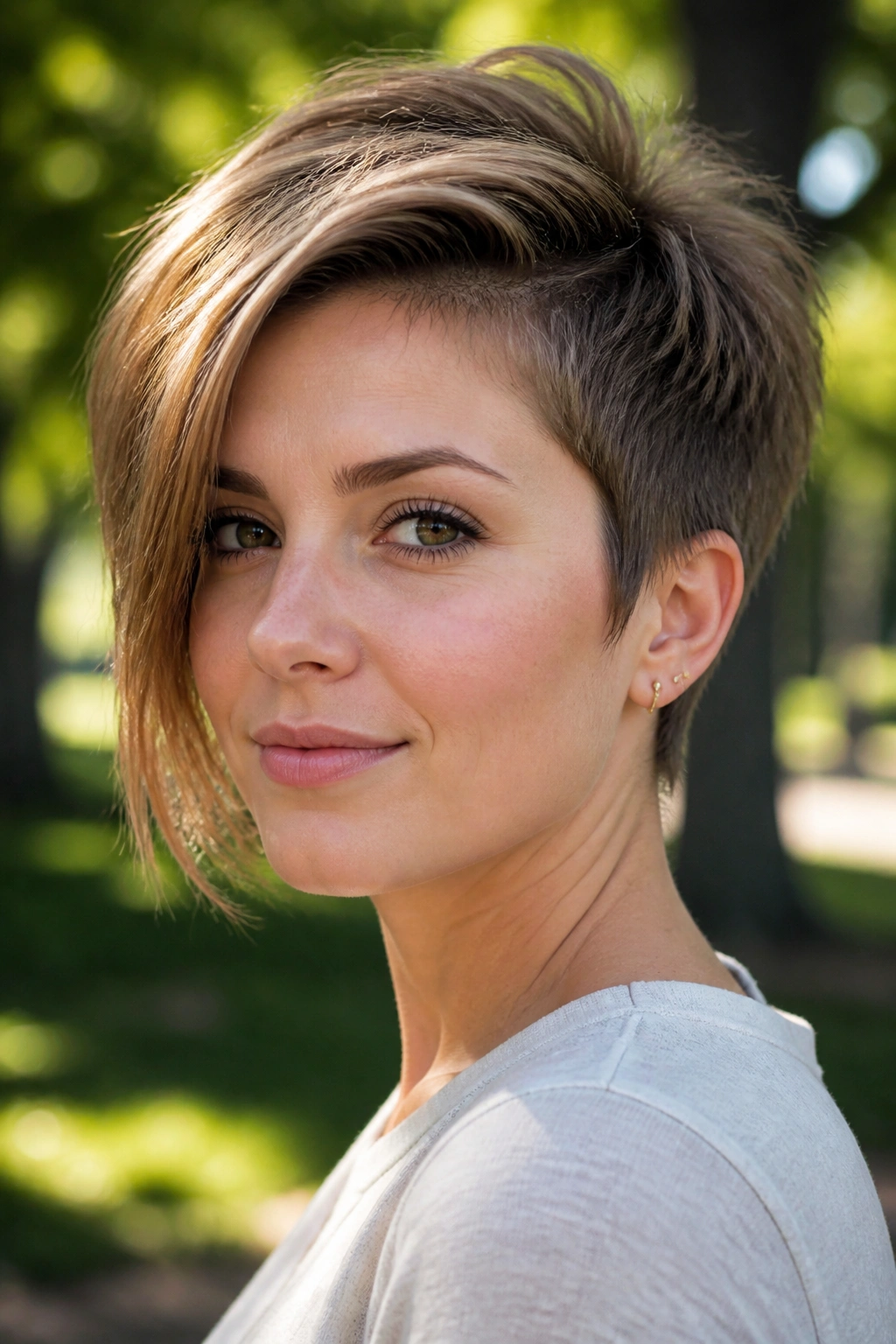 Close-up of a grown-out asymmetrical pixie on a real person outdoors