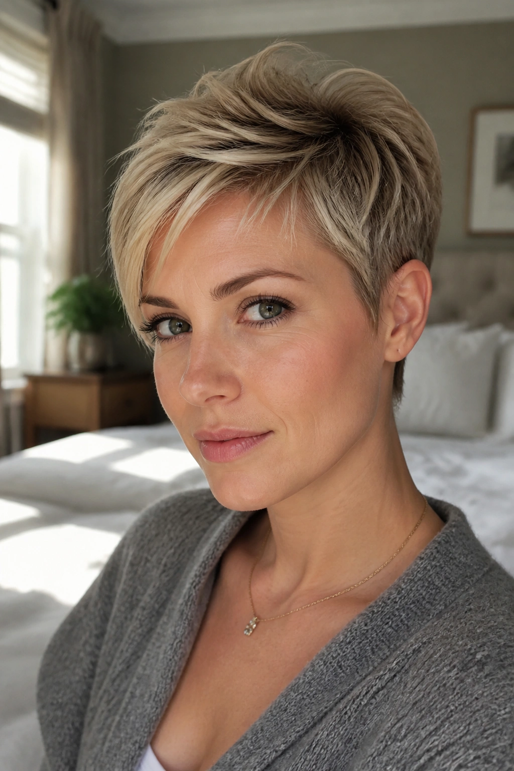 Real woman with grown-out pixie and textured crown in natural light.