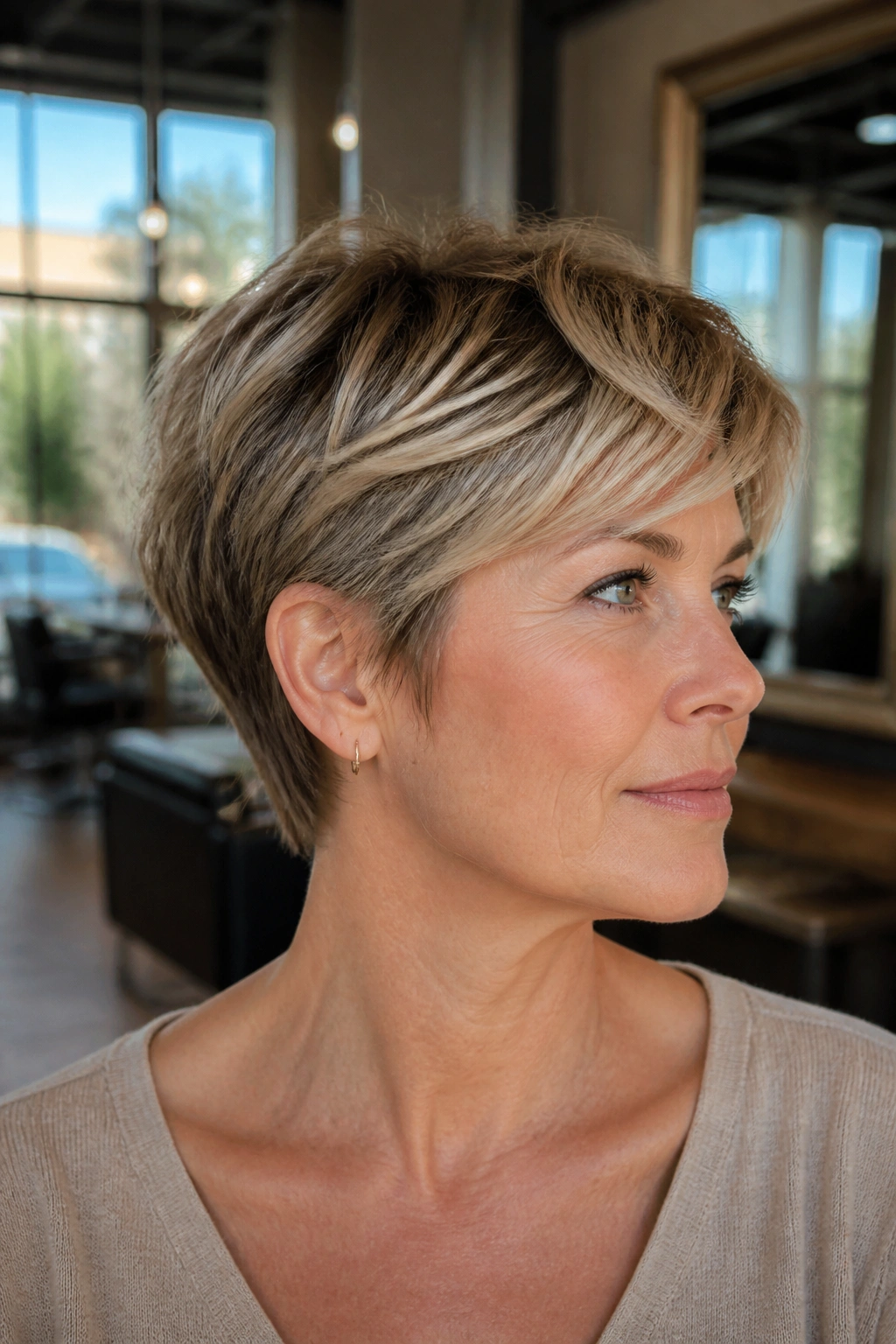 Portrait of a real woman with a grown-out pixie-bob in a sunlit salon