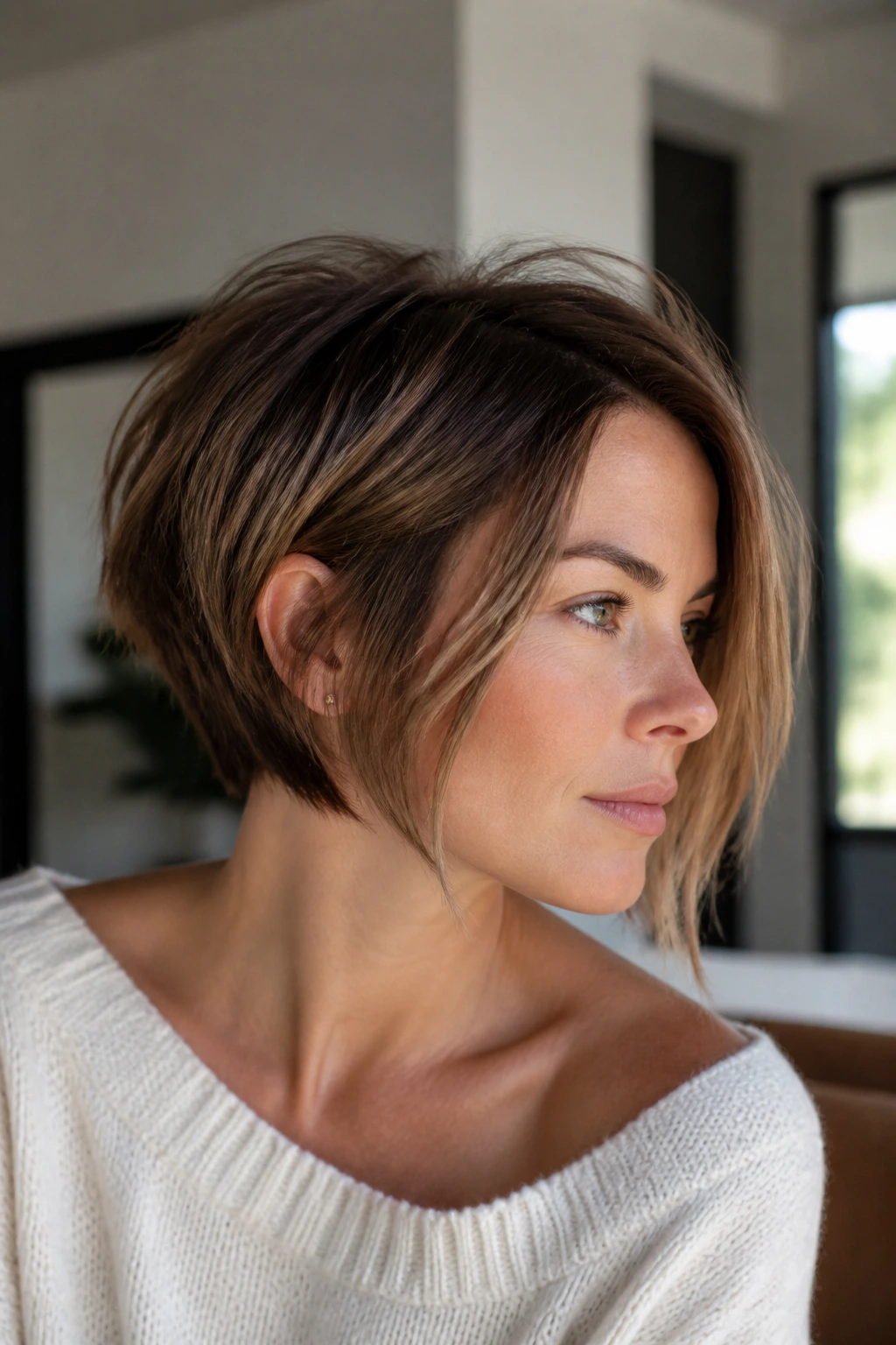 Real woman with grown-out pixie bob under soft daylight.