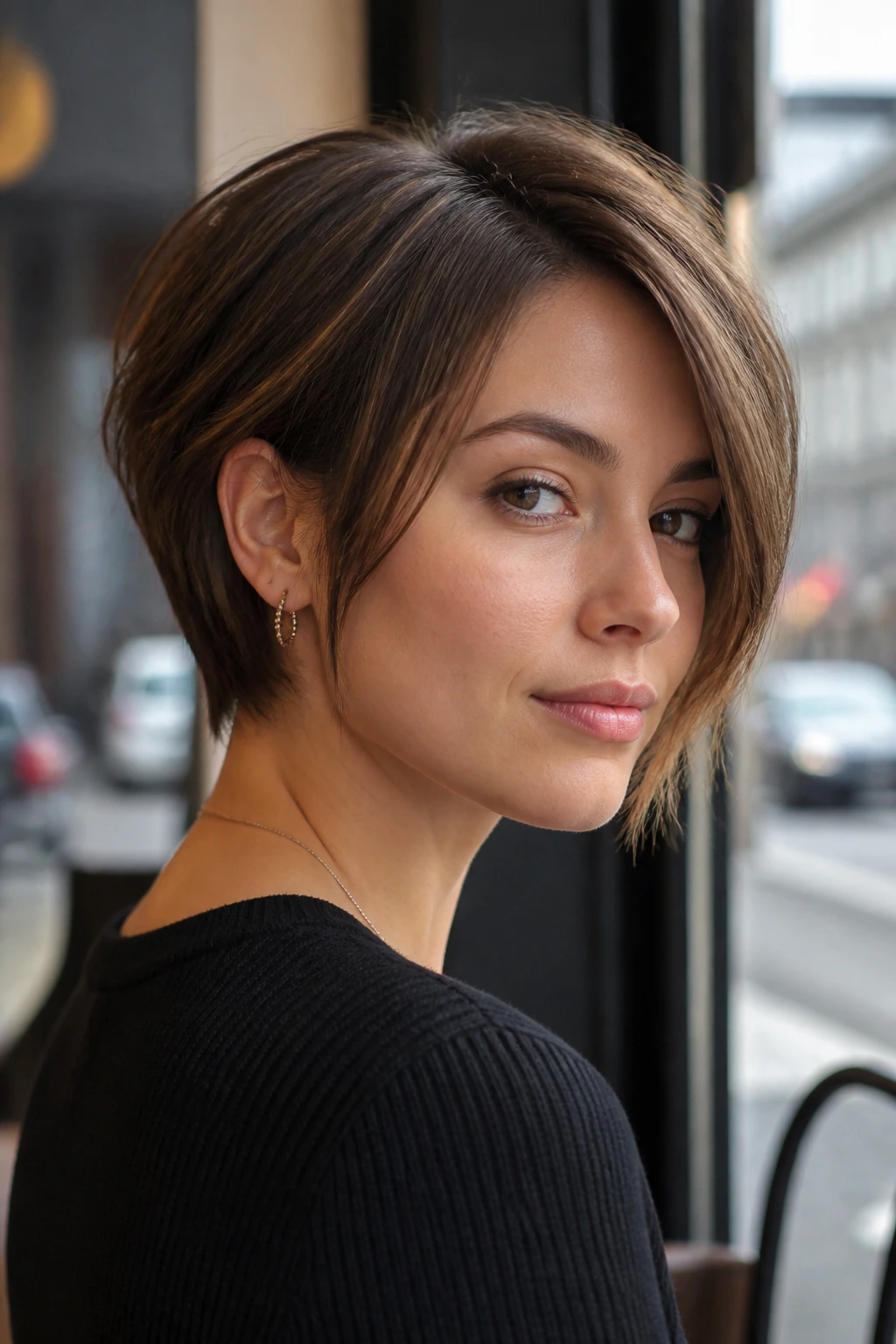 Close-up portrait of a real woman with a grown-out pixie bob