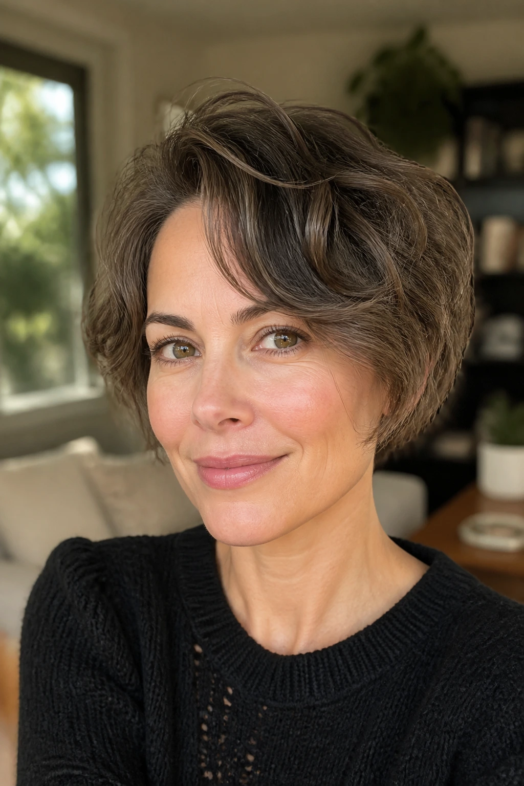 Portrait of a woman with a grown-out pixie bob showing crown lift and wave texture, in a sunny living room.