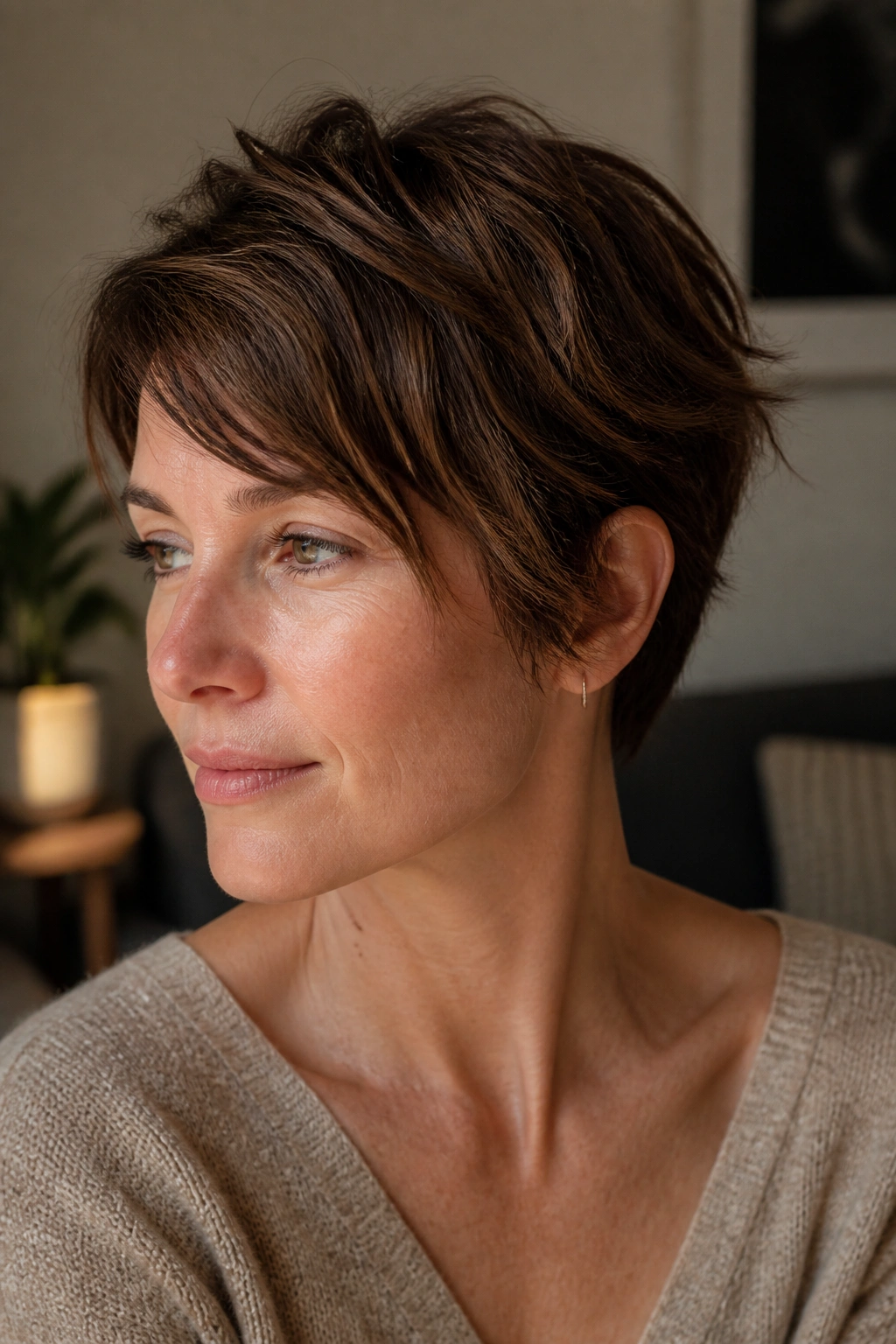 Real woman with grown-out pixie and broken layers in daylight
