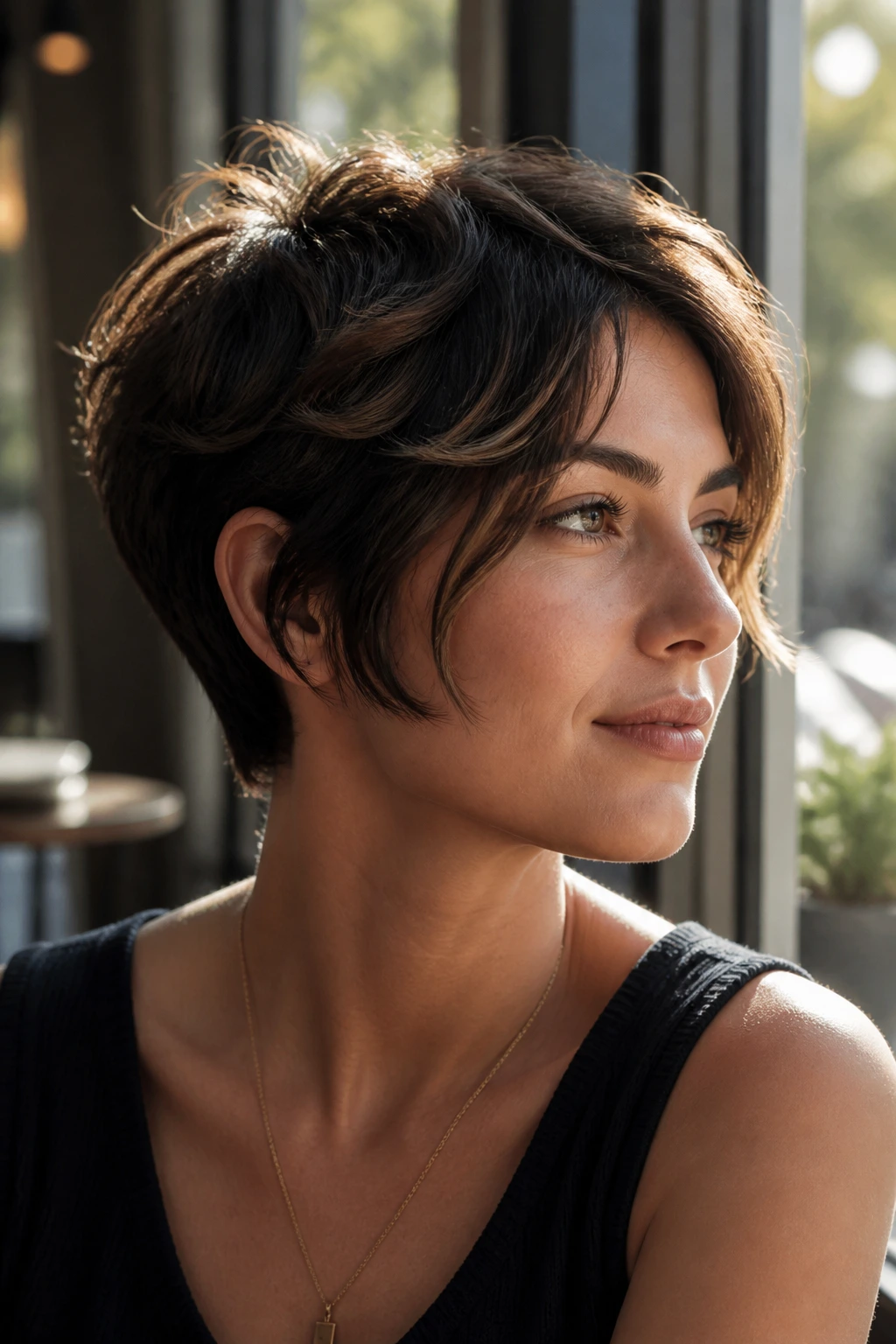 Portrait of a real woman with grown-out pixie and face-framing bends in bright cafe setting.