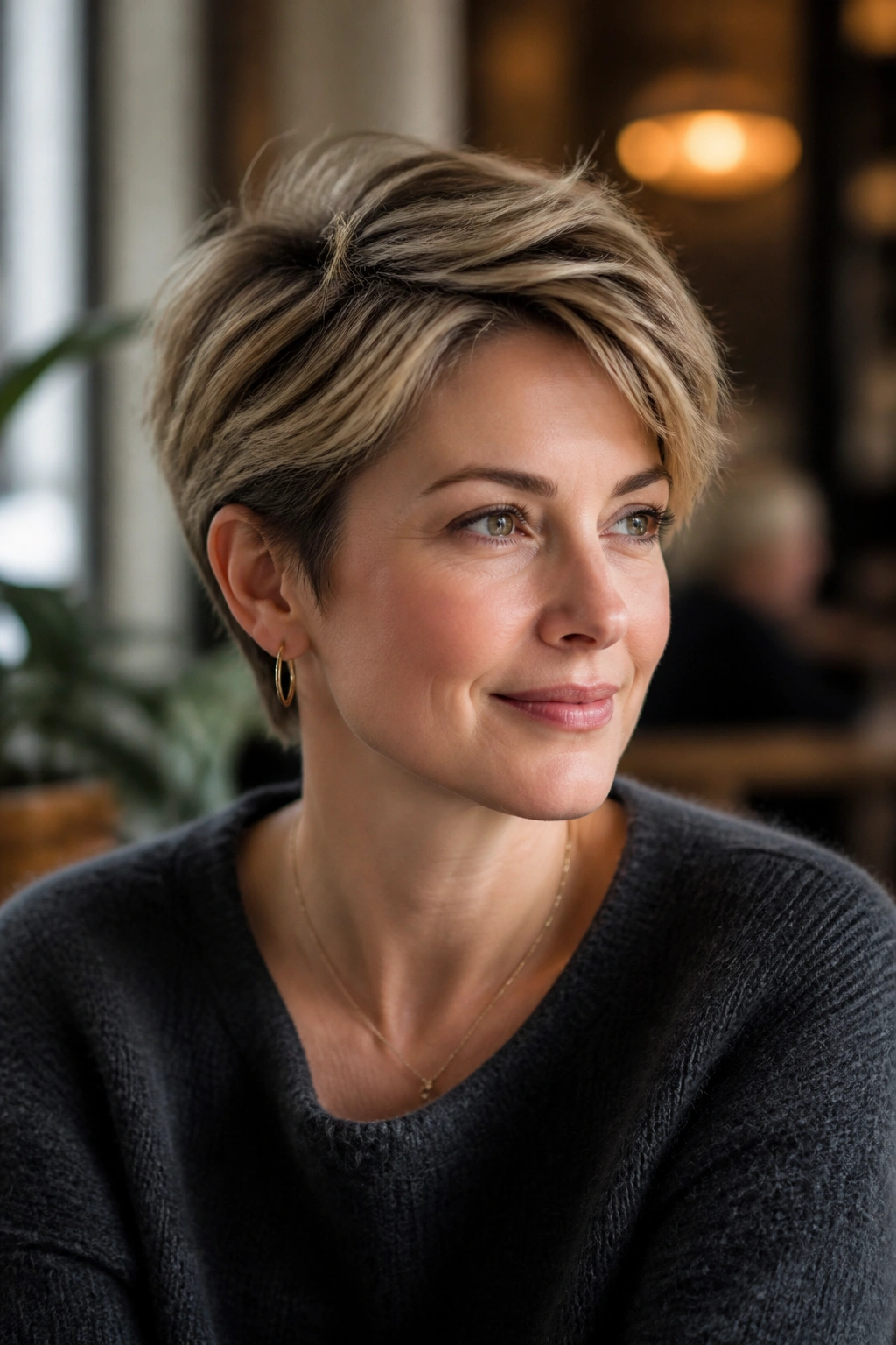Real woman with grown-out pixie looking intentional portrait