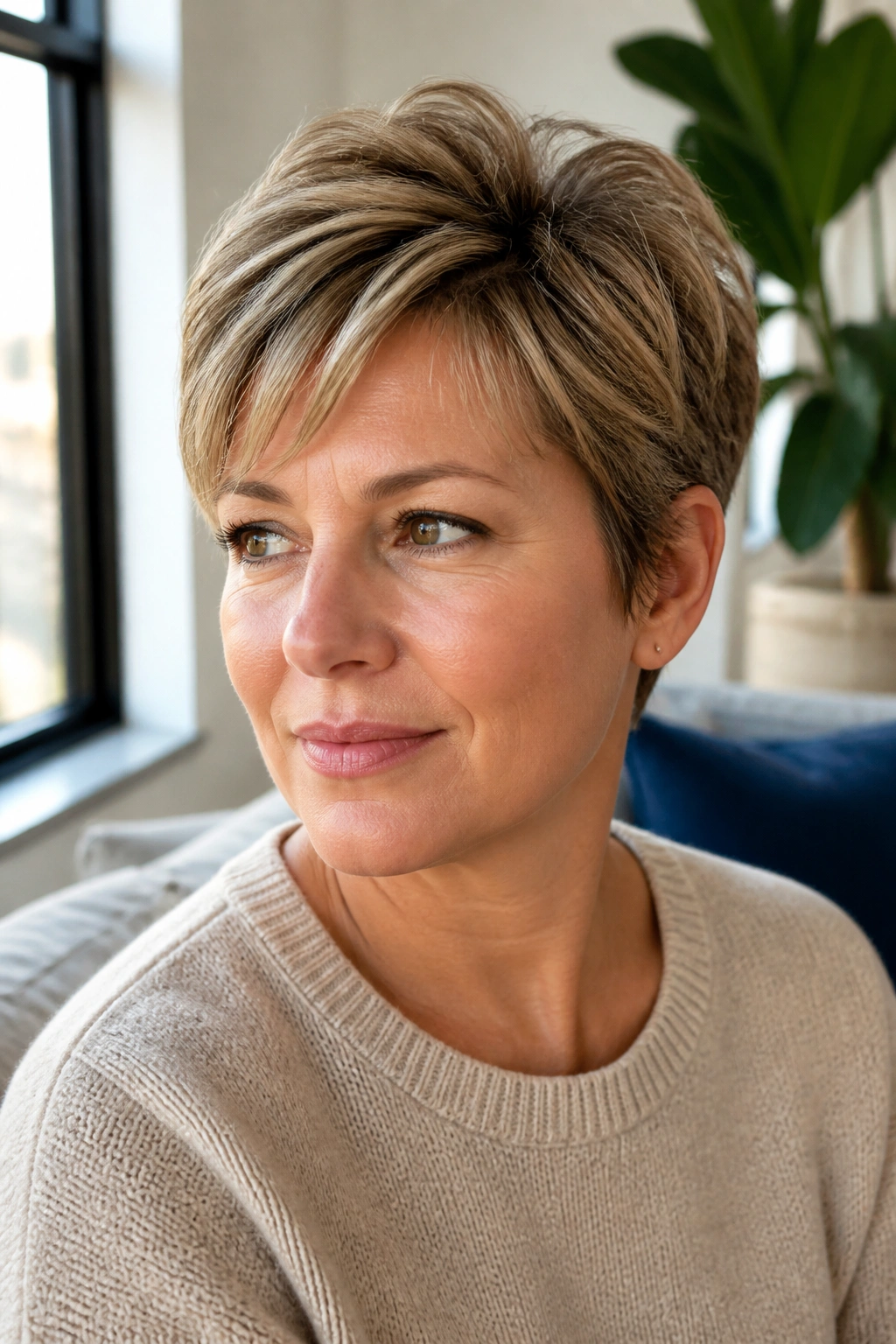 Real woman with grown-out pixie featuring layered crown.