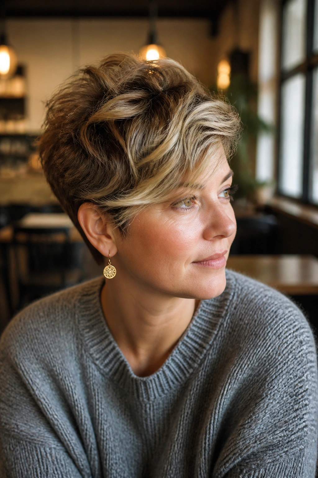 Portrait of a real woman with grown-out pixie and sweeping layers