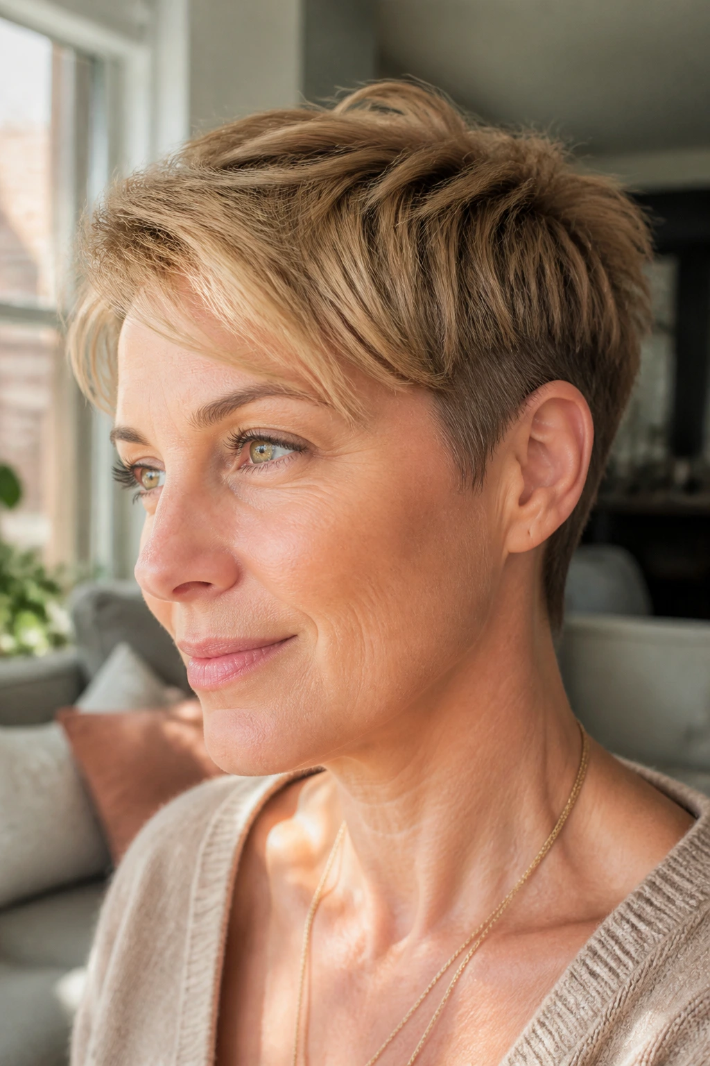 Portrait of a real woman with grown-out pixie in mellow gold tones.