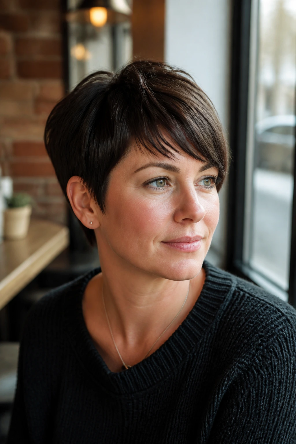 Close-up of a real woman with a grown-out pixie and side fringe