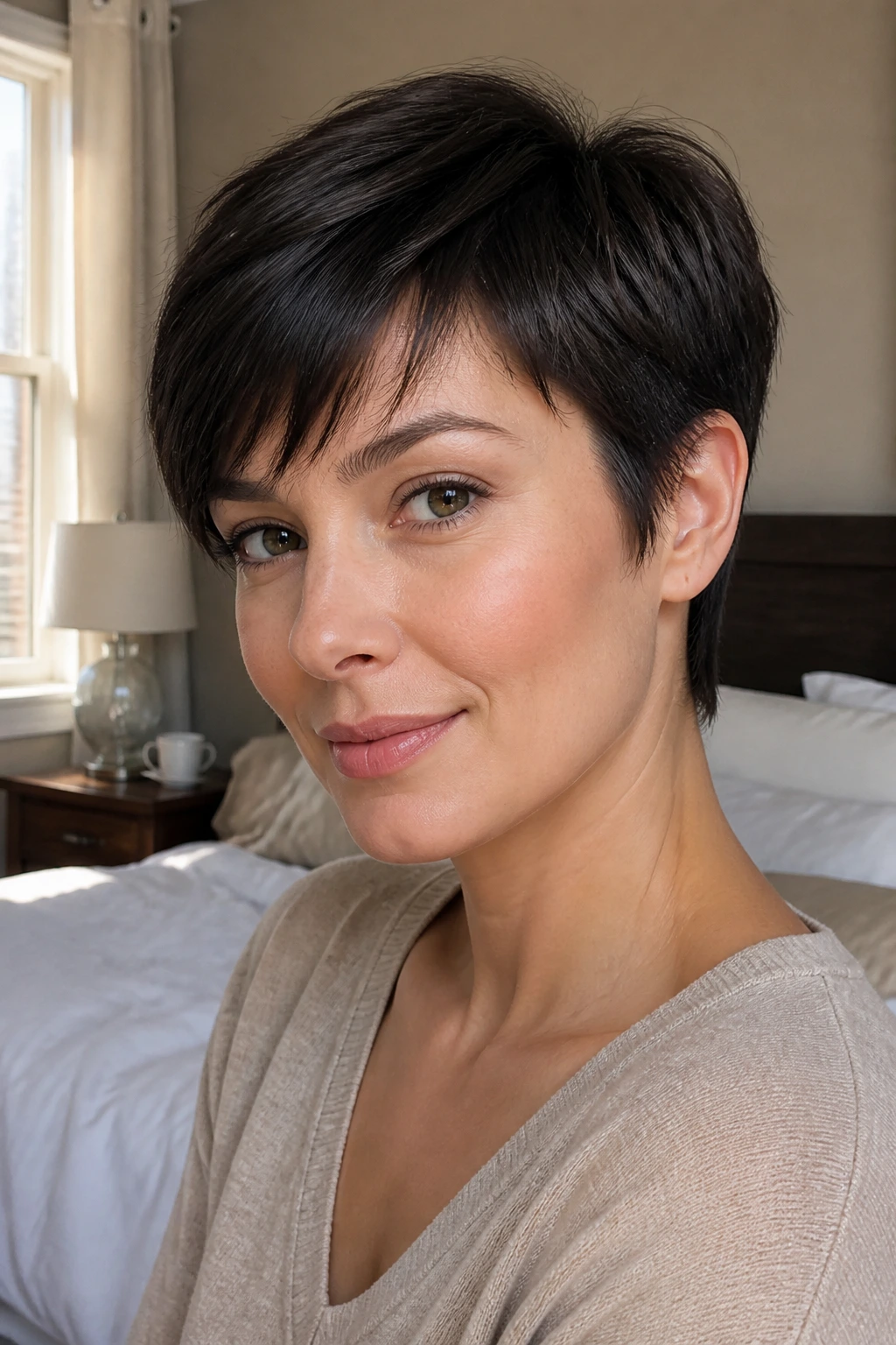 Real woman with grown-out pixie, soft edges and connected temple line.