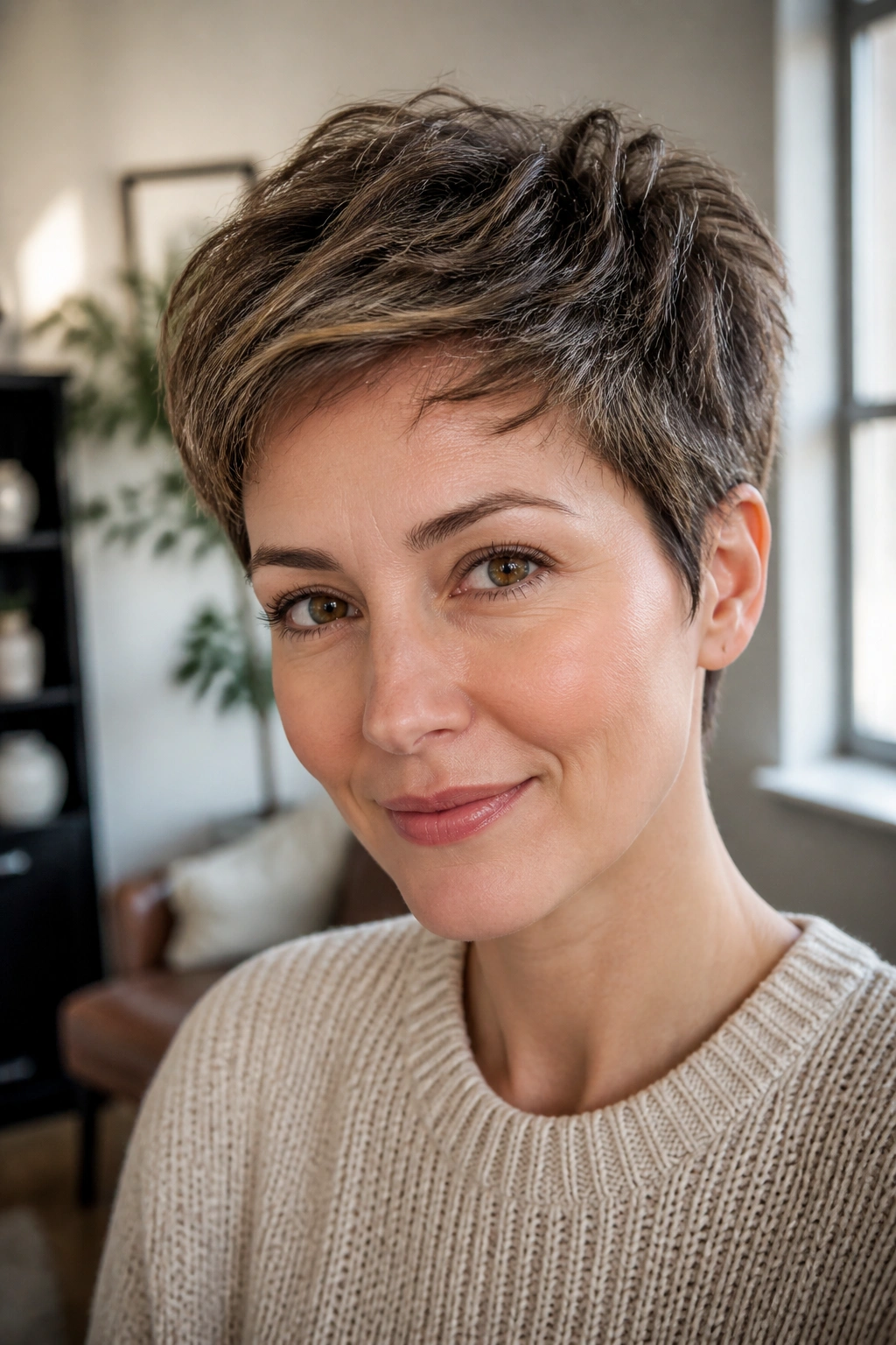 Close-up of a person with a grown-out pixie and tapered nape in a bright living room