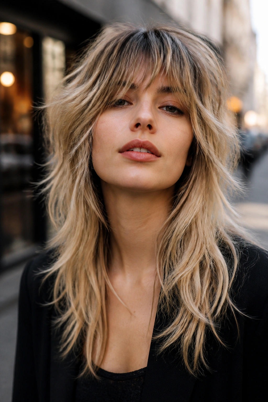 Close-up of a real woman with choppy crown layers in a grown-out rock shag.