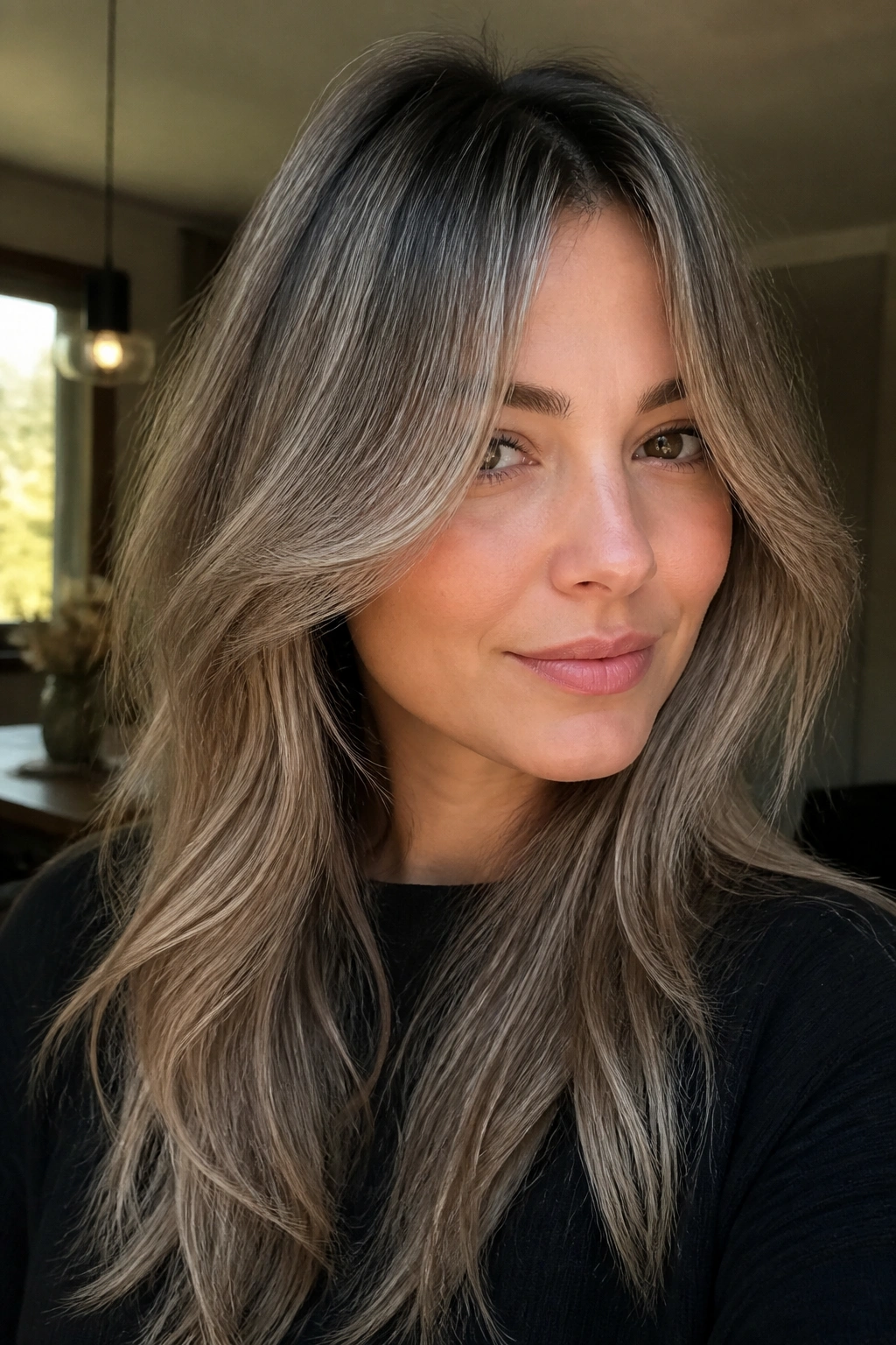 Close-up of a real woman with long ash curtain bangs and grown-out roots.