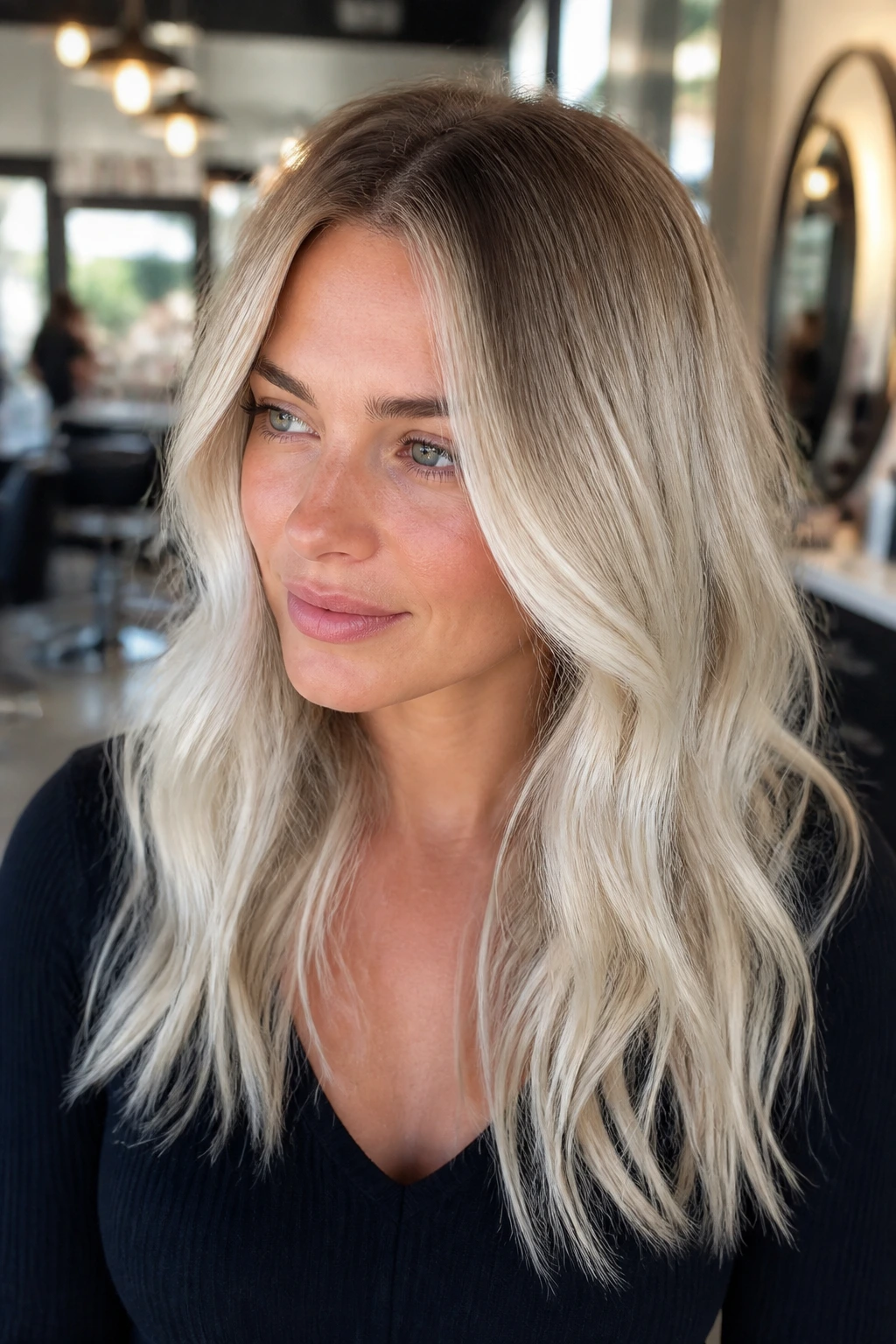 Close-up portrait of a real woman with grown-out Scandi blonde showing soft root shadow in natural window light