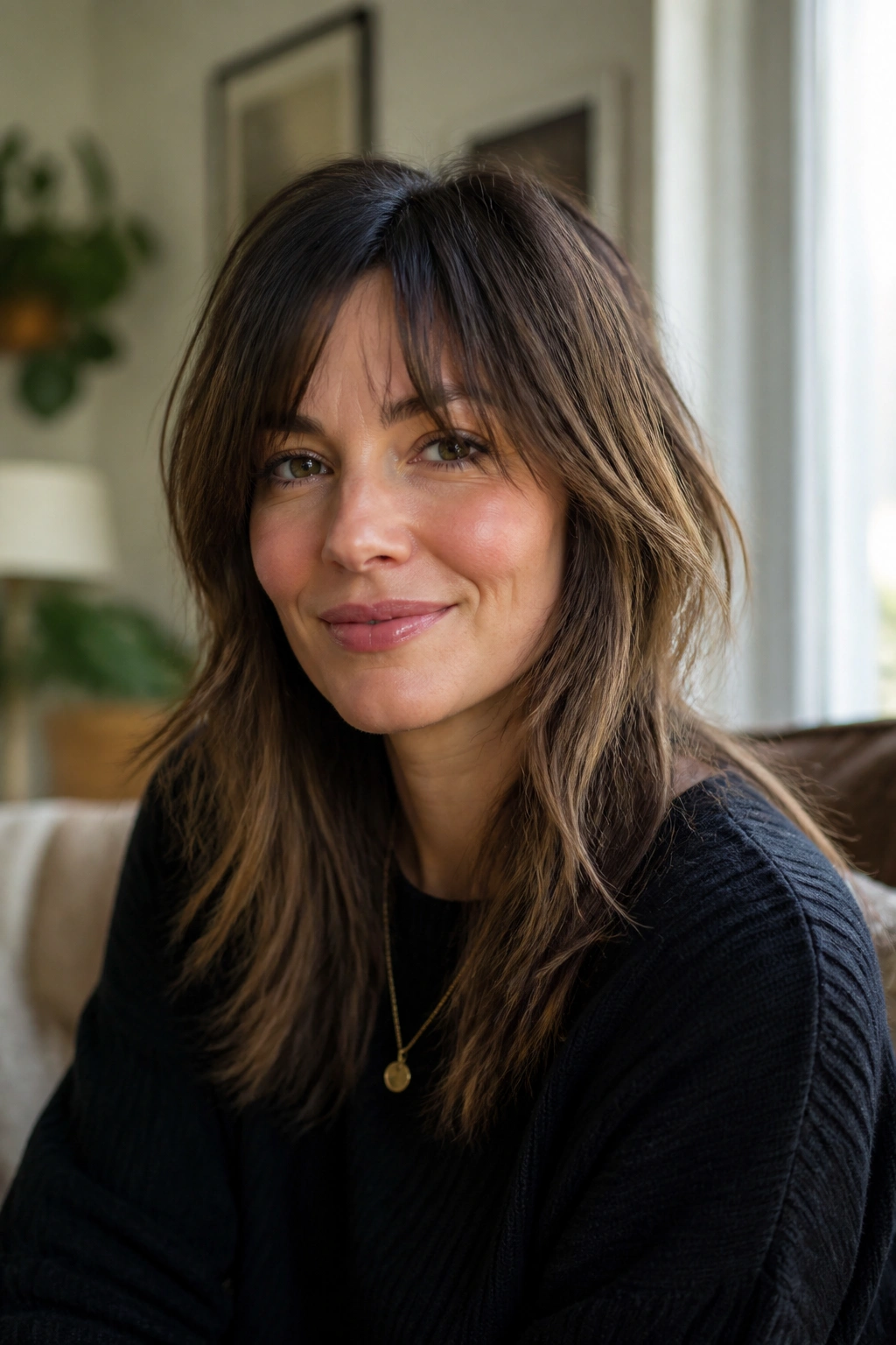 Close-up portrait of a real woman with a grown-out shag hairstyle in warm window light