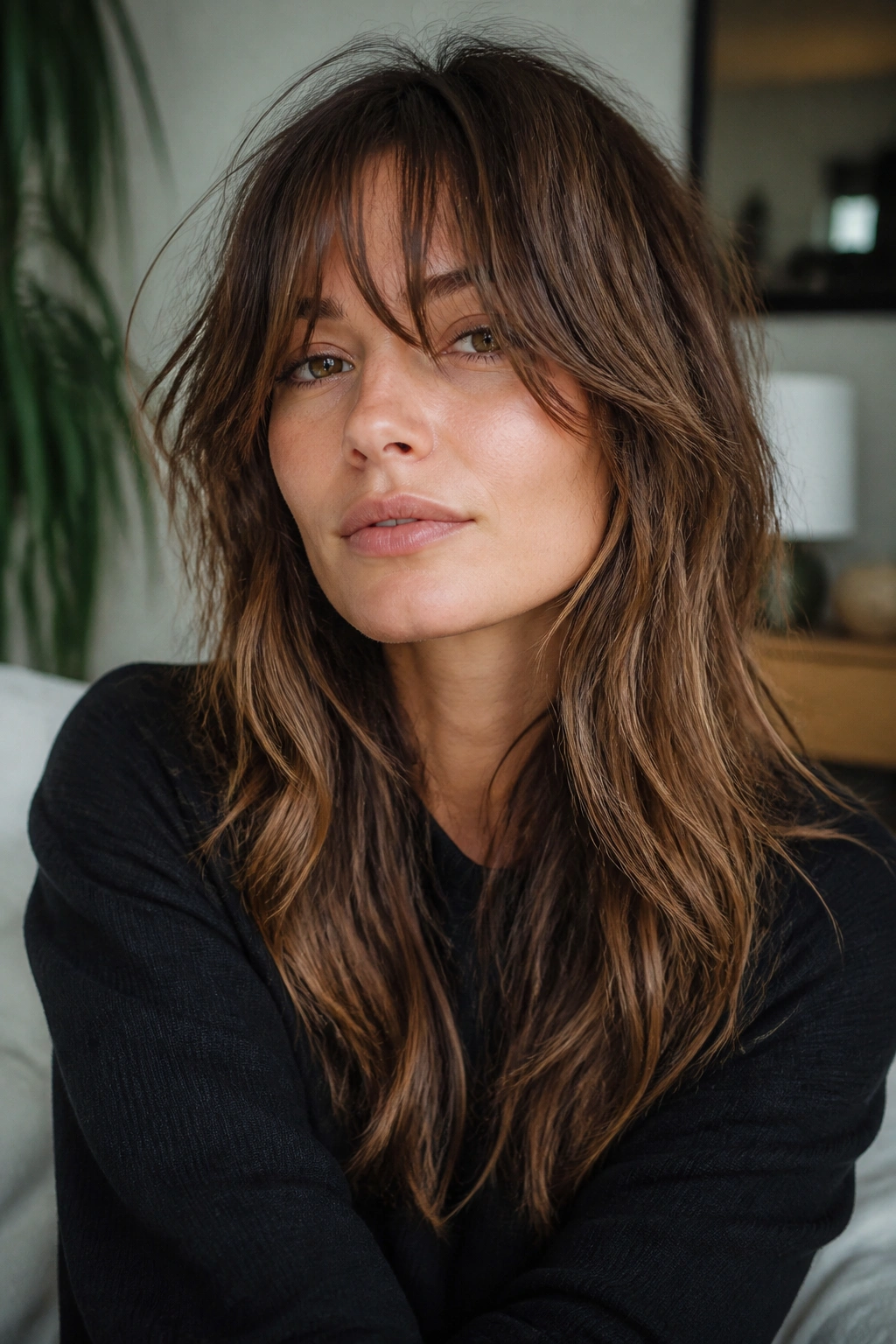 Close-up portrait of a real woman with grown-out shag and minimal layering