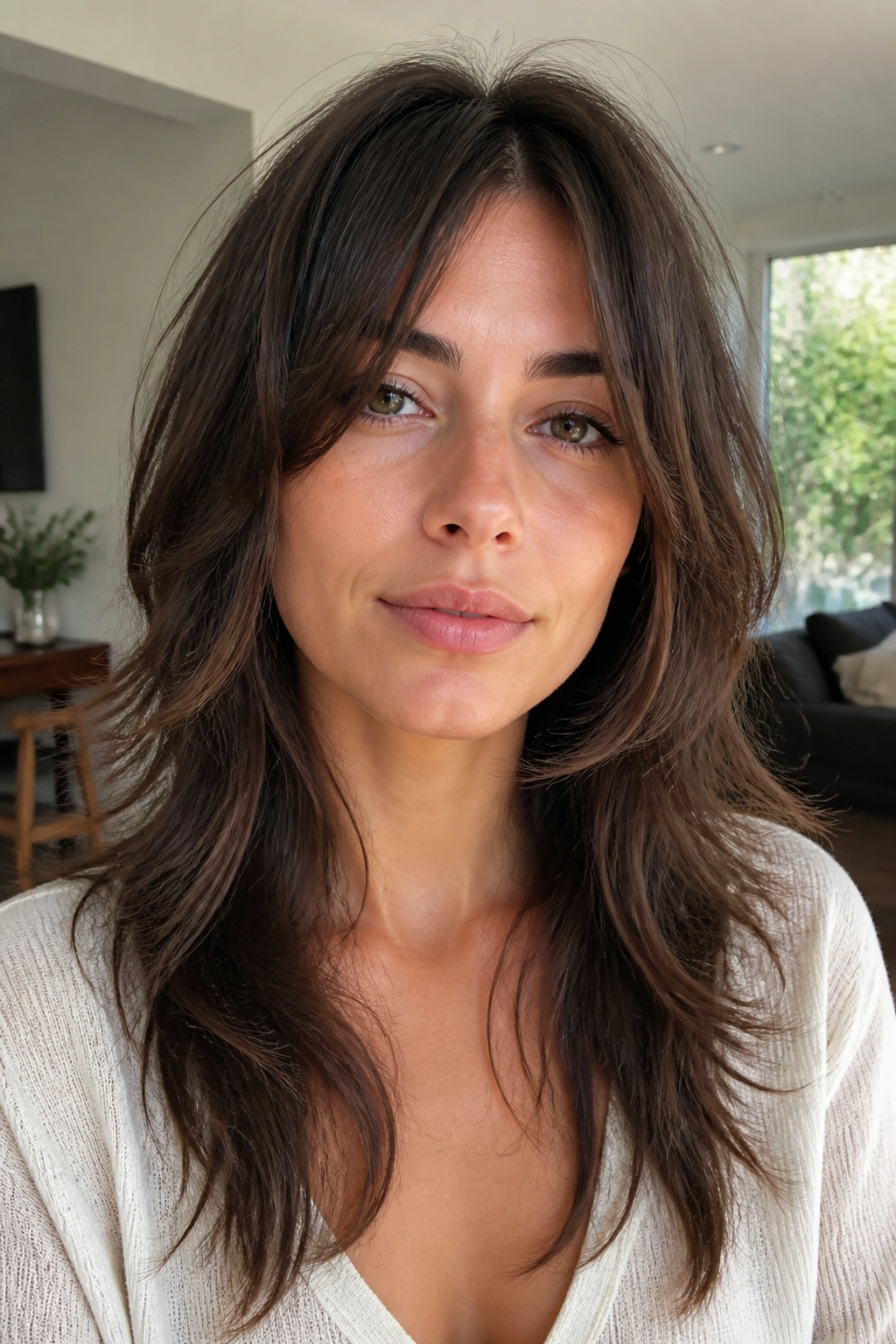 Close-up of a person with an ultra-soft grown-out shag featuring long layers and soft edges