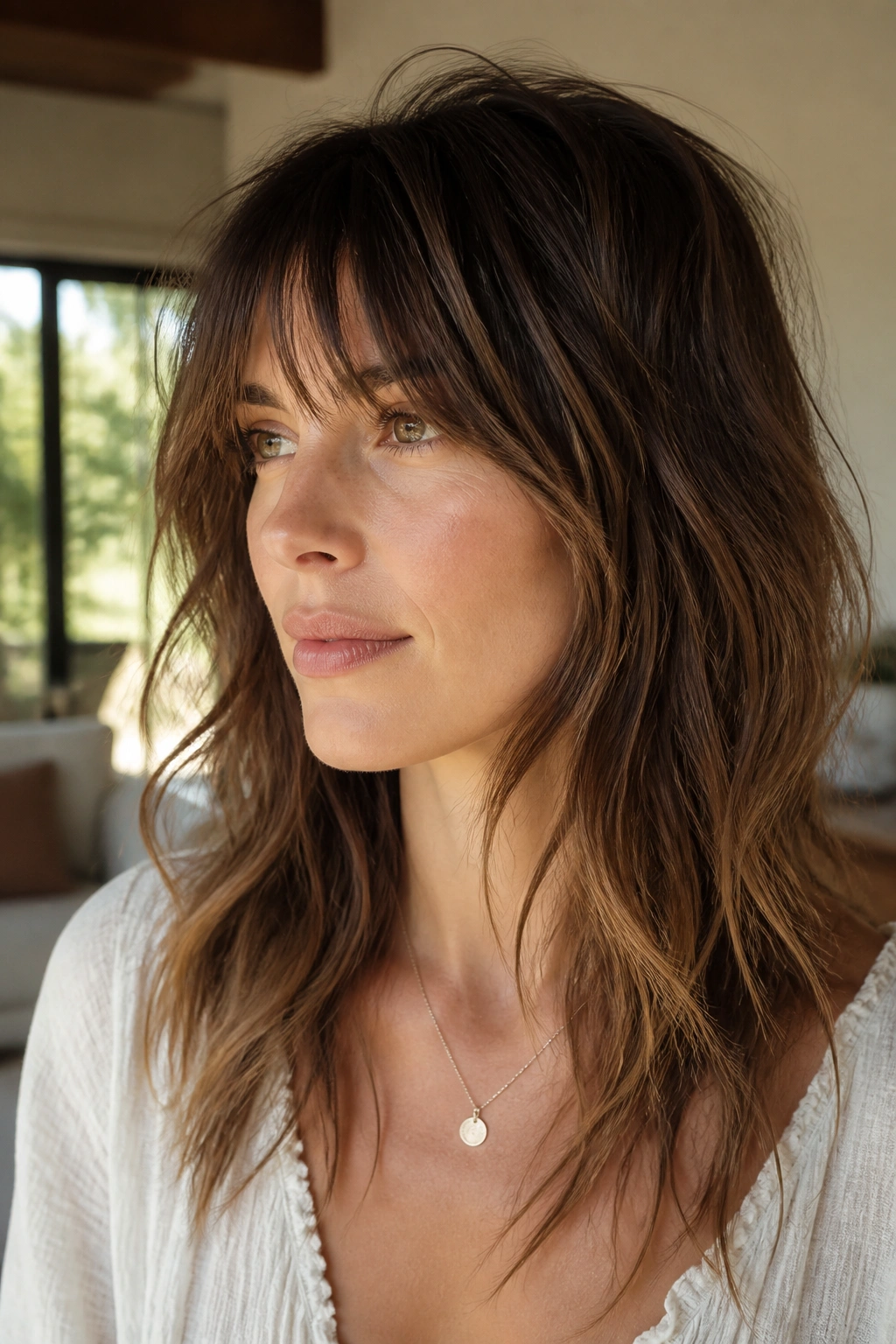 Close-up portrait of a woman with a grown-out shag with long layers.