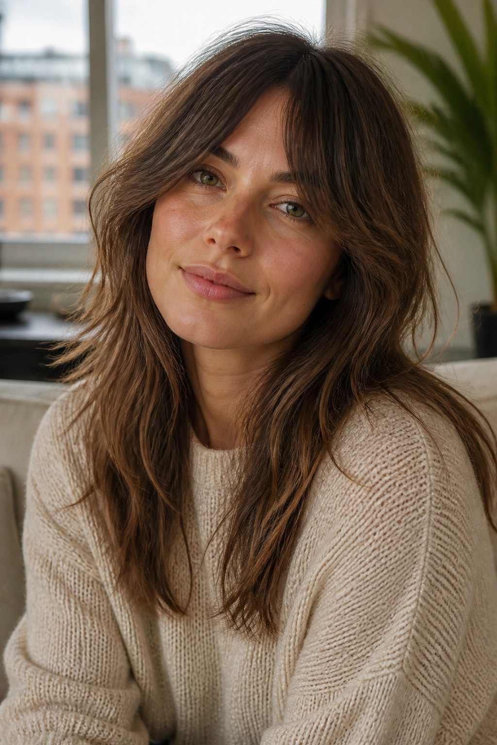 Close-up portrait of a real woman with grown-out shag showing long layered ends.