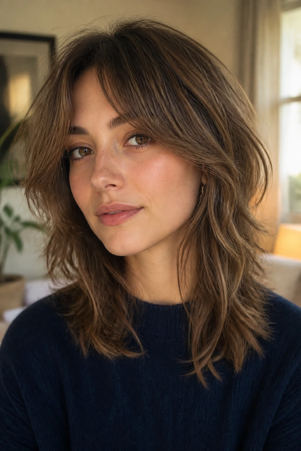 Close-up portrait of a woman with a grown-out shag that looks intentional and soft