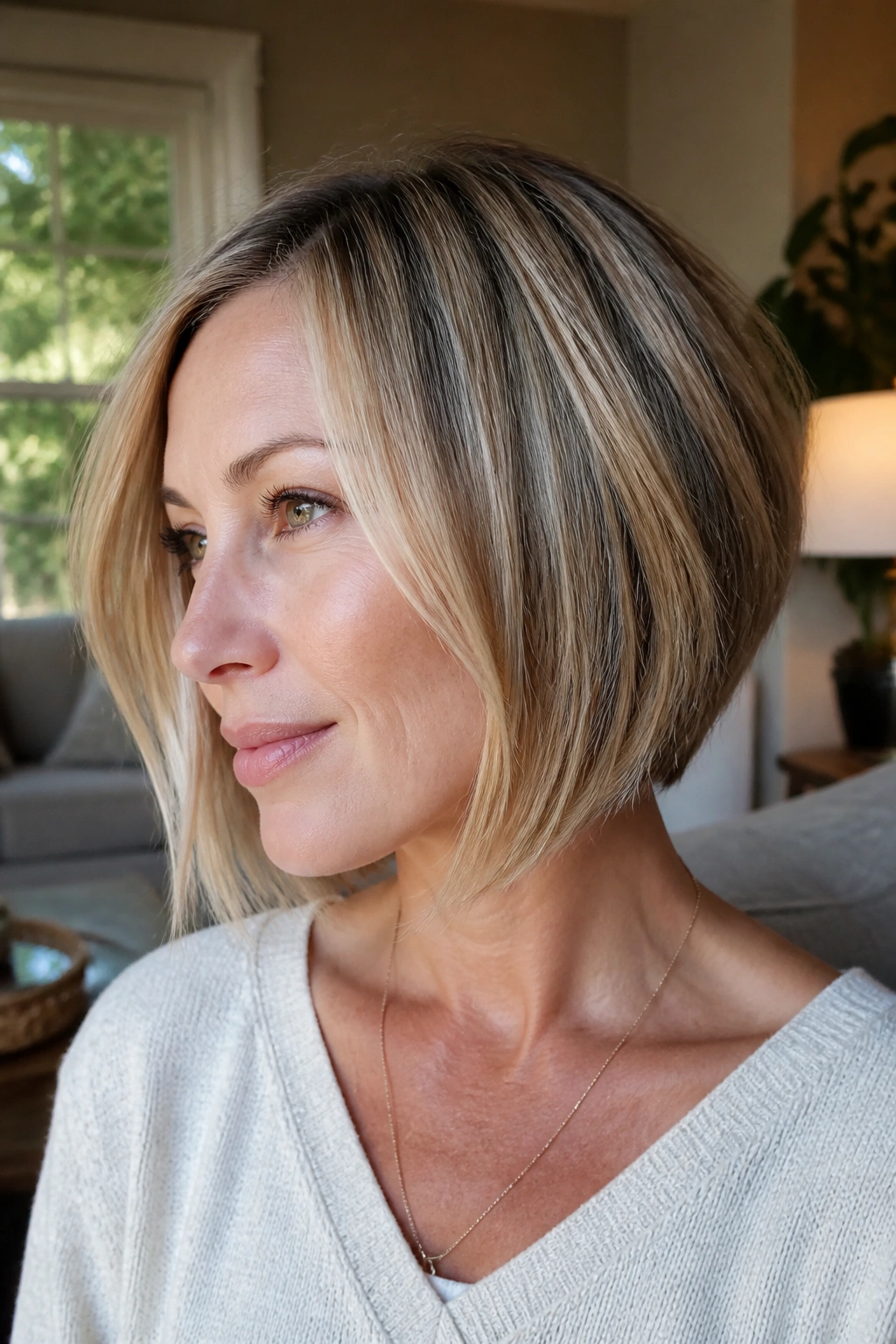 Close-up of a real woman with a grown-out stacked bob, jaw-to-collarbone length and soft front growth.