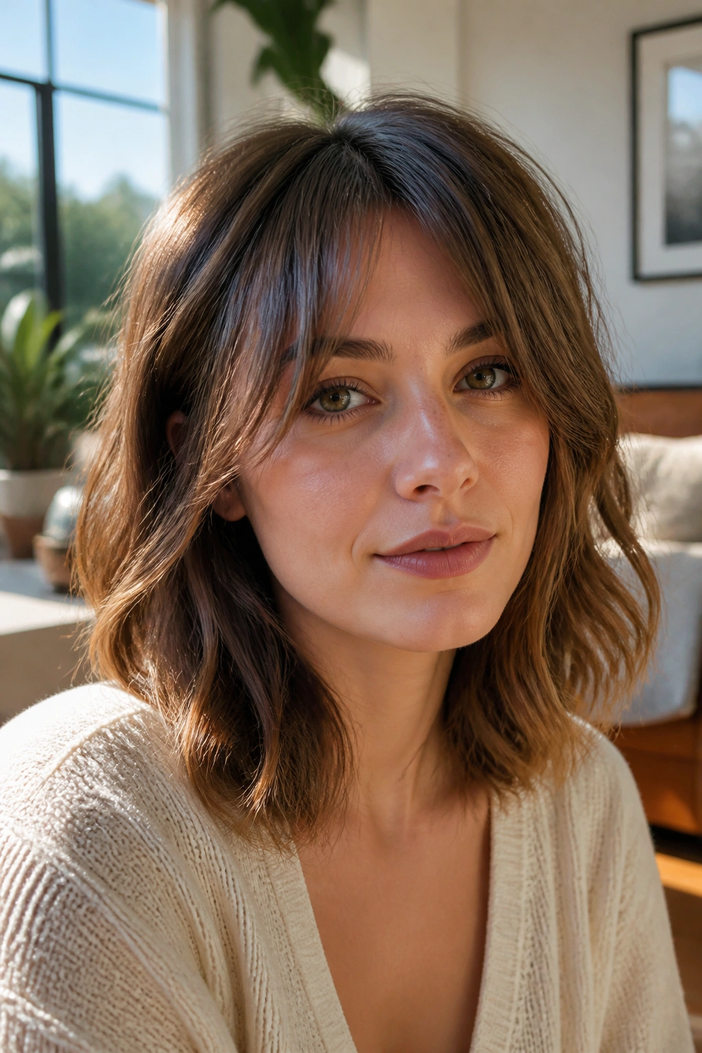 Close-up of a real woman with a grown-out fringe in sunlit room
