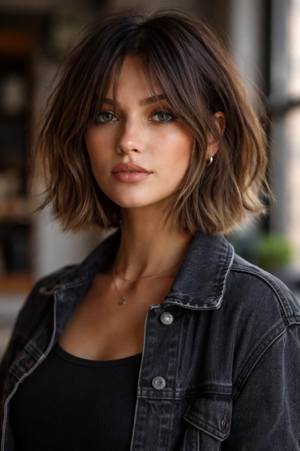Close-up portrait of a real woman with a modern grunge bob and curtain bangs in warm window light
