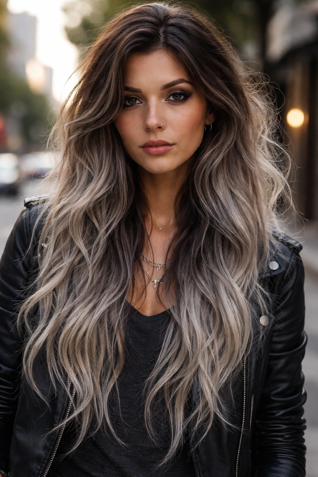 Close-up portrait of a real person with grunge gray ombre hair
