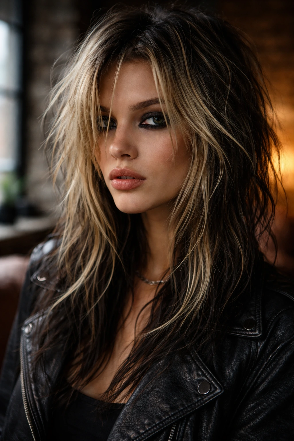 Close-up of a real woman with blonde and black hair in a grunge textured look