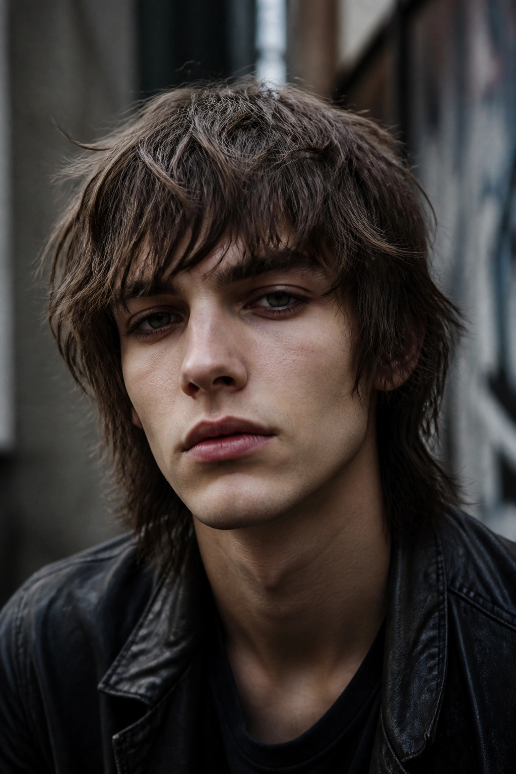 Portrait of man with grunge shag hairstyle and messy fringe in moody urban setting