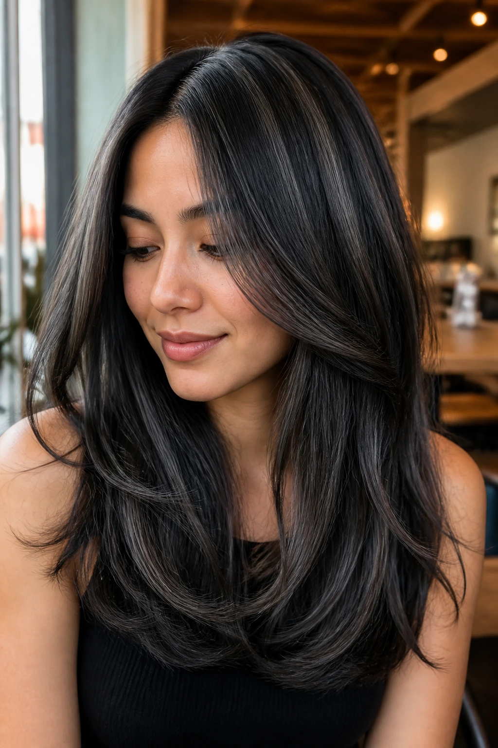 Close-up of a real person with gunmetal babylights in black hair