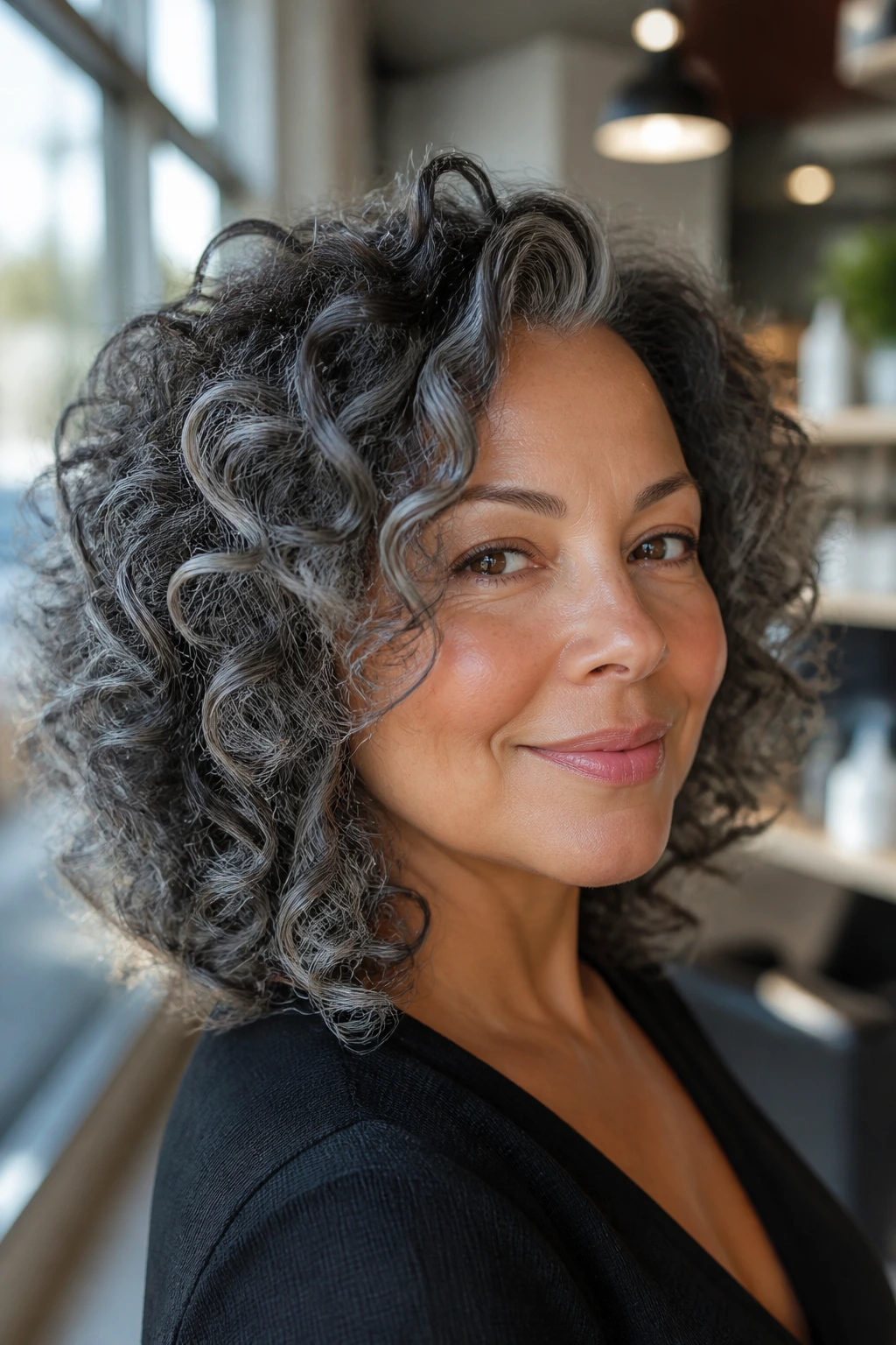 Close-up portrait of a real woman with gunmetal balayage on curly hair in a sunlit salon