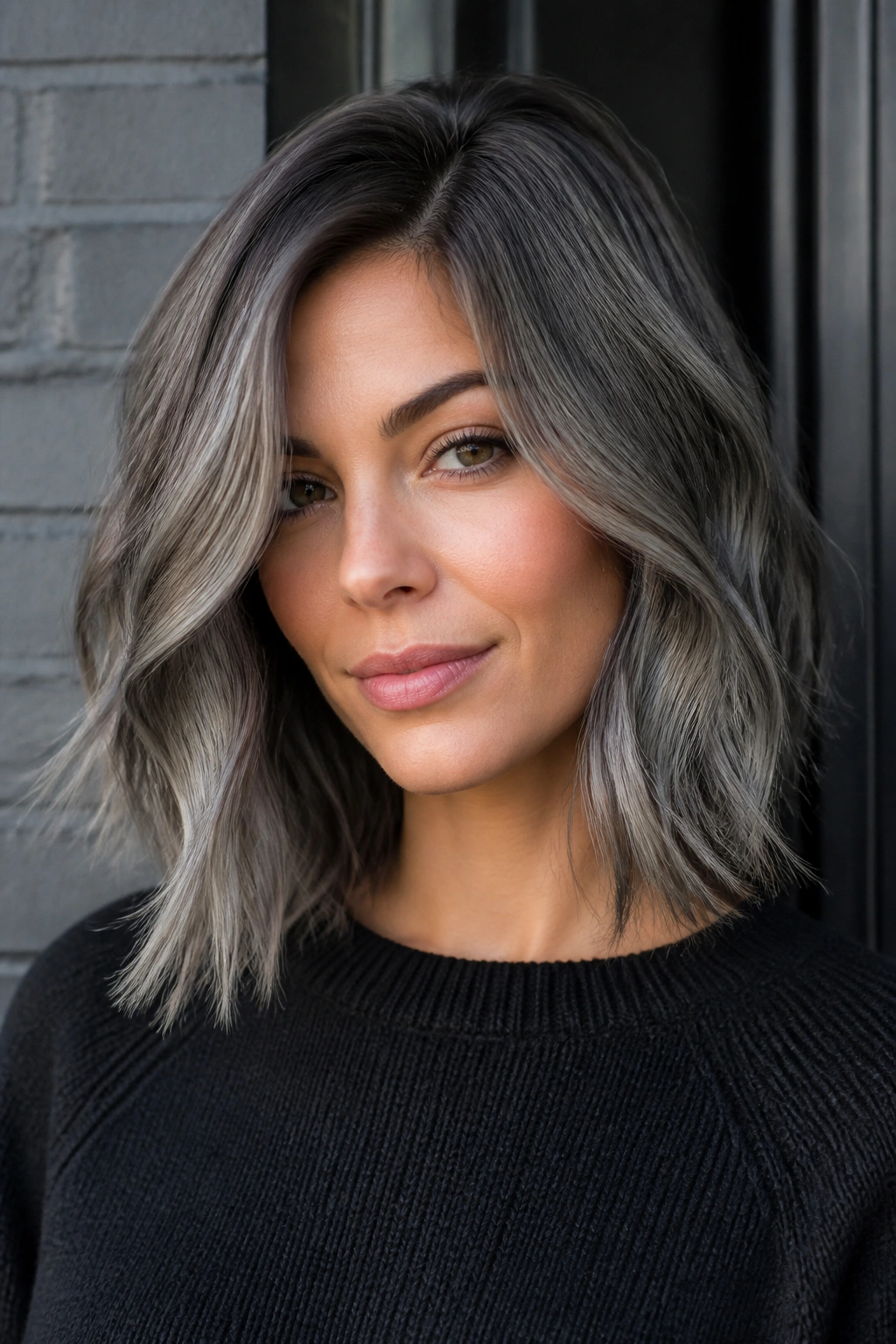 Close-up portrait of a real person with gunmetal blonde melt hairstyle in a moody cool-toned setting.