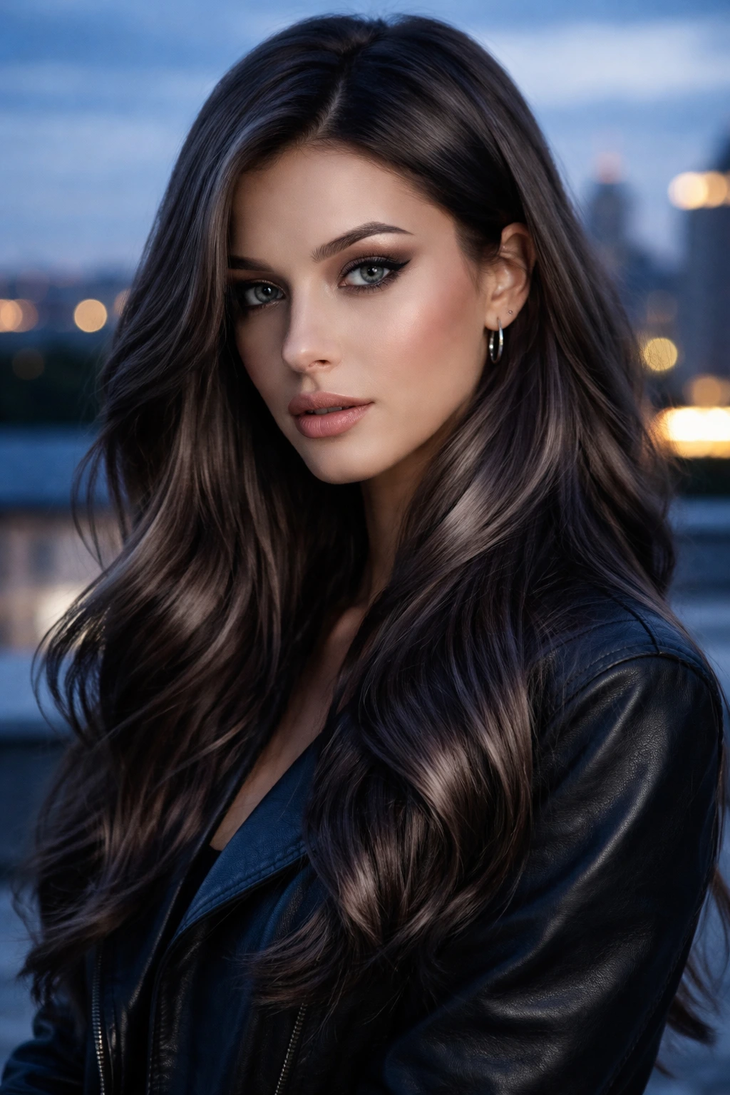 Close-up of a real person with gunmetal brown hair and steel-grey sheen.