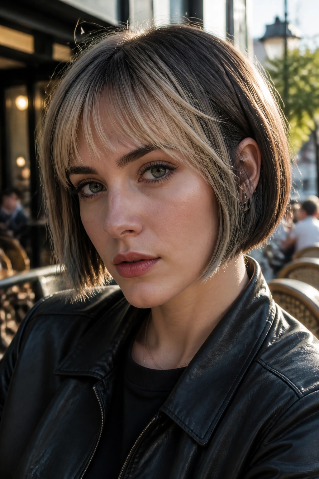 Portrait of a woman with gunmetal brunette and pale blonde short bob.