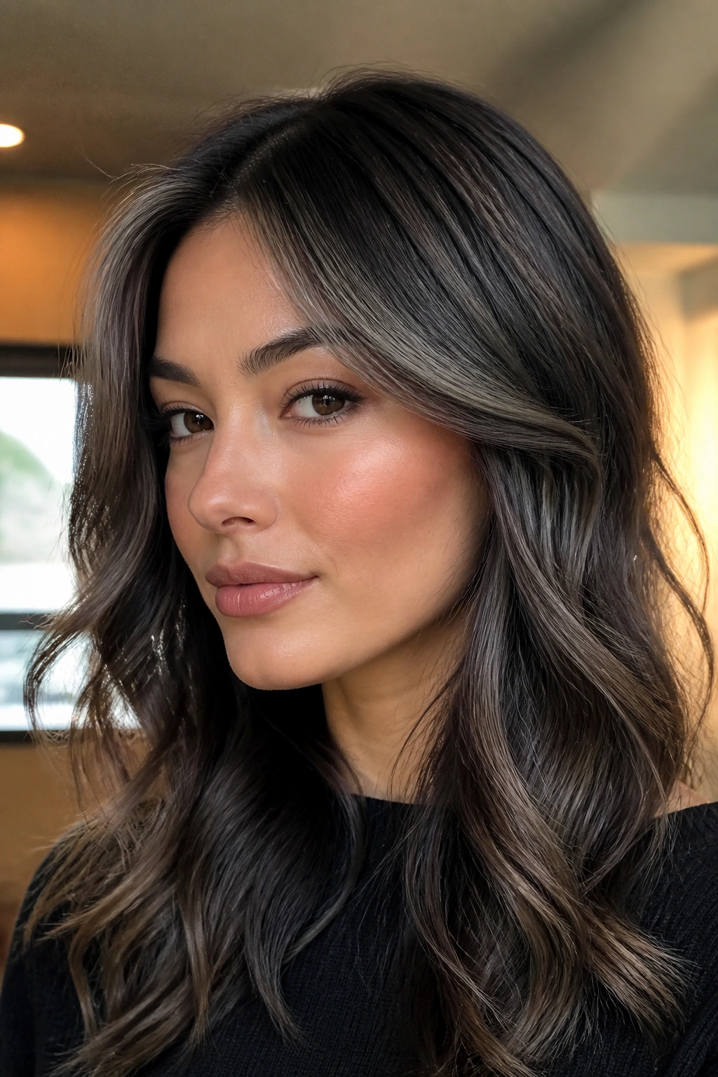 Close-up of a real person with gunmetal contour highlights around the face