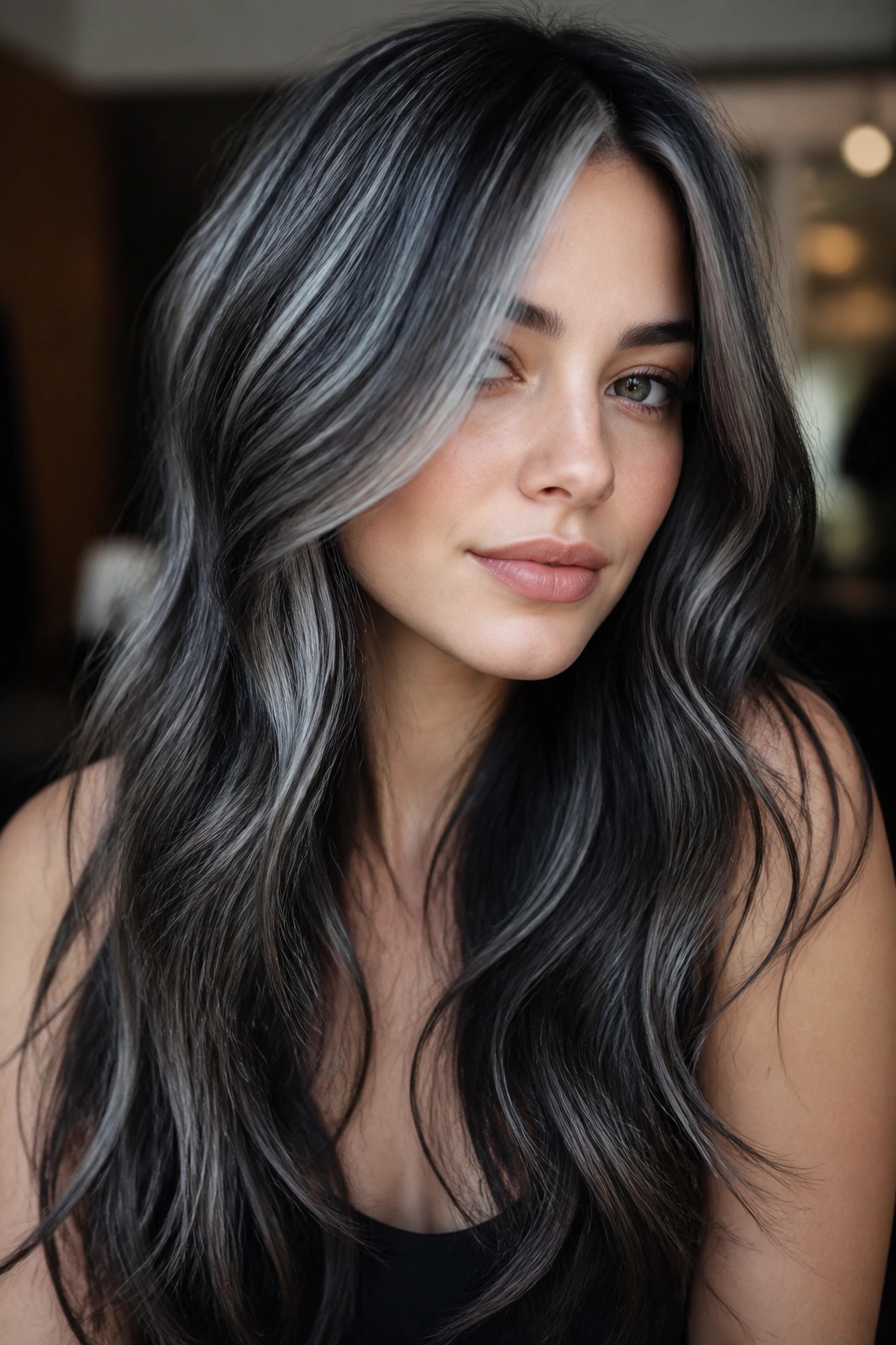 Close-up portrait of a real woman with gunmetal hair and an icy veil