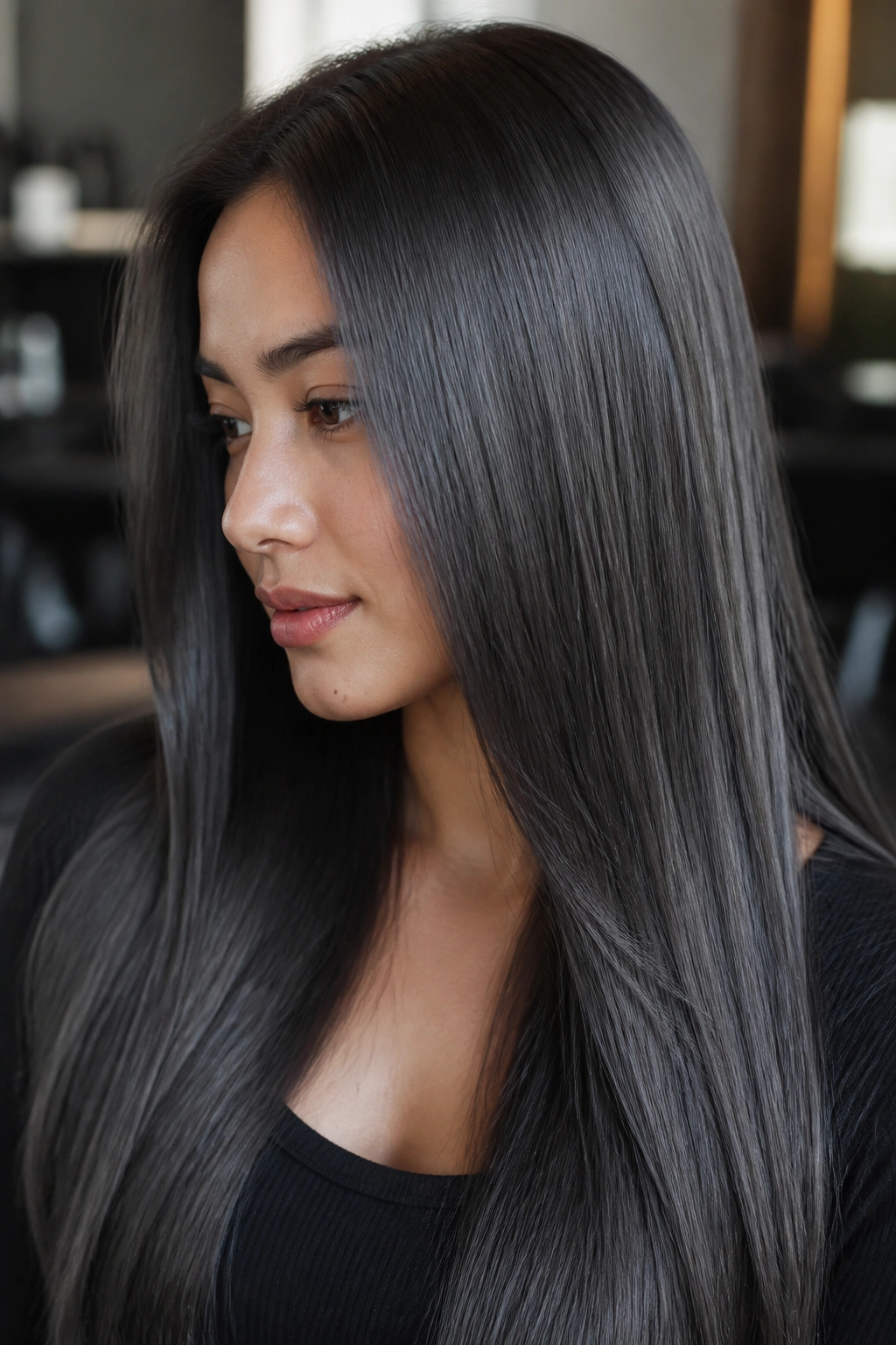 Close-up of a real person with gunmetal gray straight hair in a sleek glossy finish.