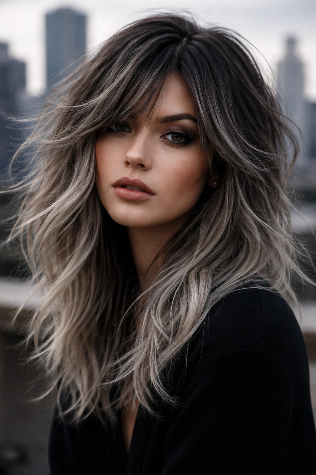 Close-up portrait of a person with gunmetal gray-blonde hair and textured waves.