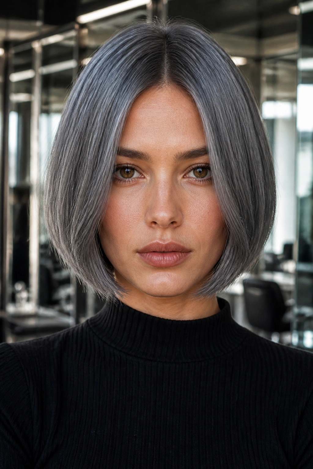 Close-up portrait showing chin-length gunmetal gray satin finish hair