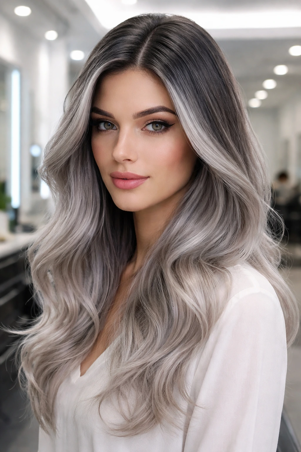 Portrait of a real person with gunmetal grey roots and silver hair