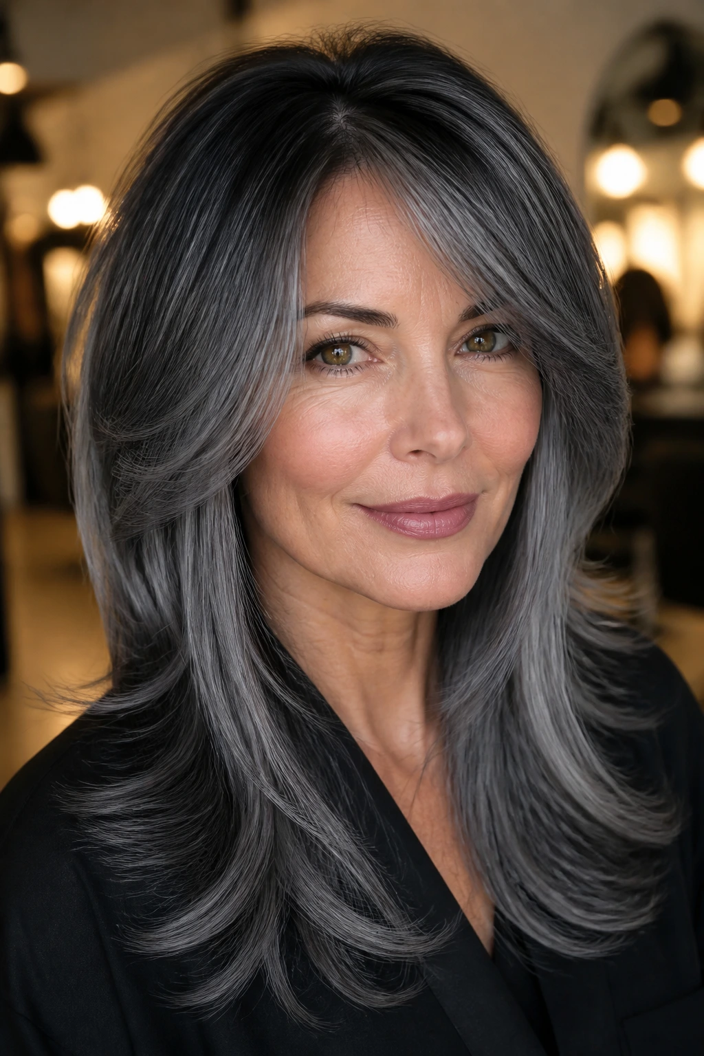 Close-up portrait of a real woman with gunmetal layered hair in a salon.