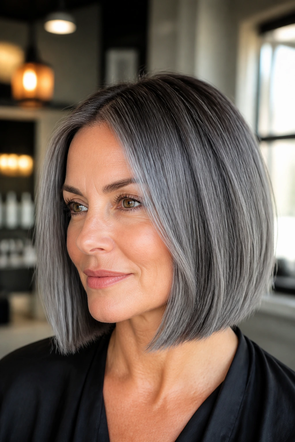 Close-up portrait of a woman with a gunmetal gray lob and darker root melt in salon lighting