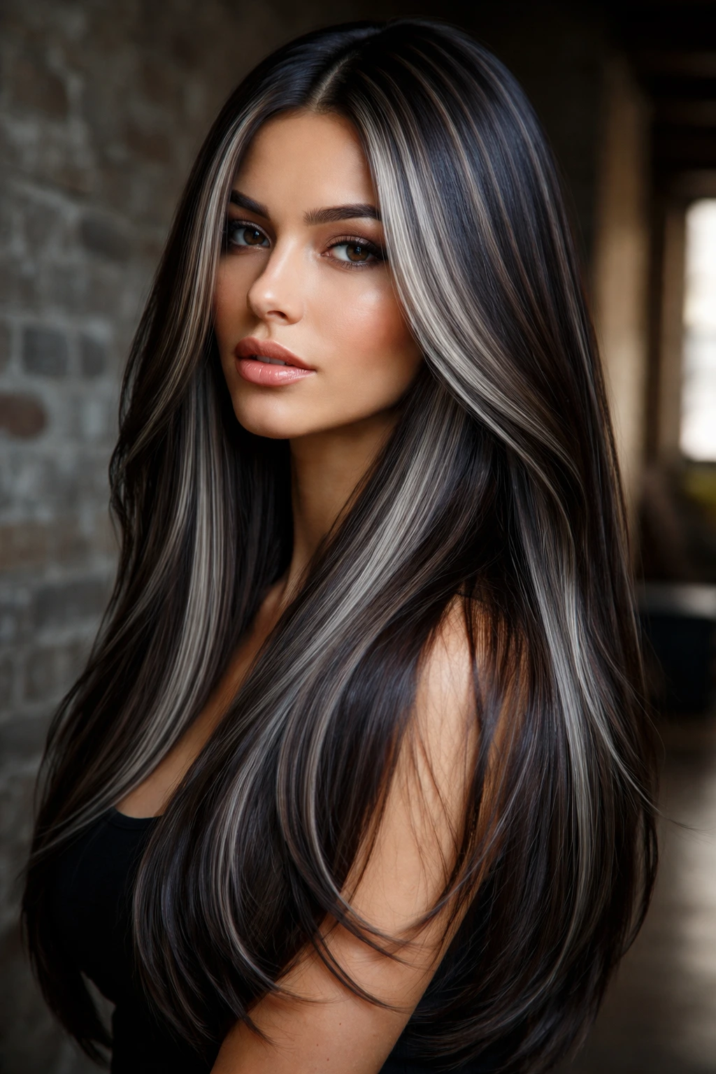 Close-up of a real woman with gunmetal silver accents on dark brown hair.