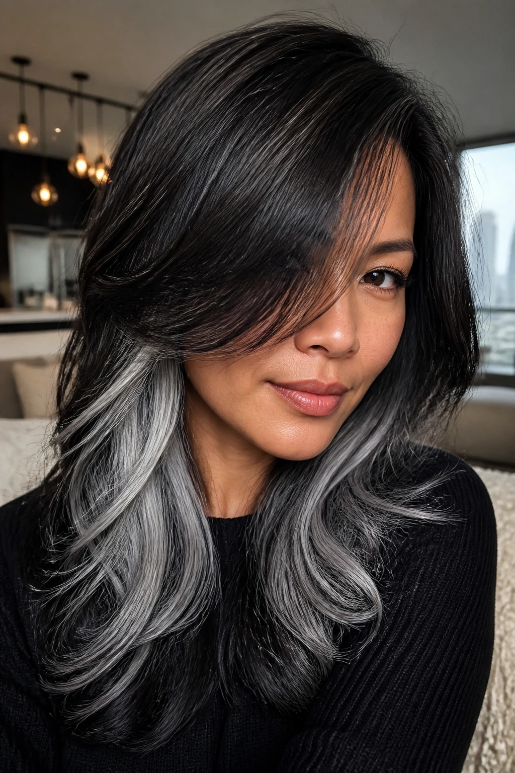 Close-up of real person showing gunmetal and silver peekaboo hair layers