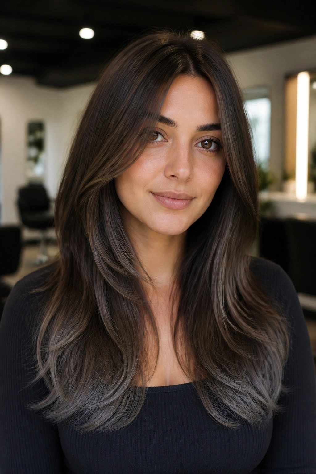 Close-up of long brown layered hair with gunmetal tips in a soft salon setting
