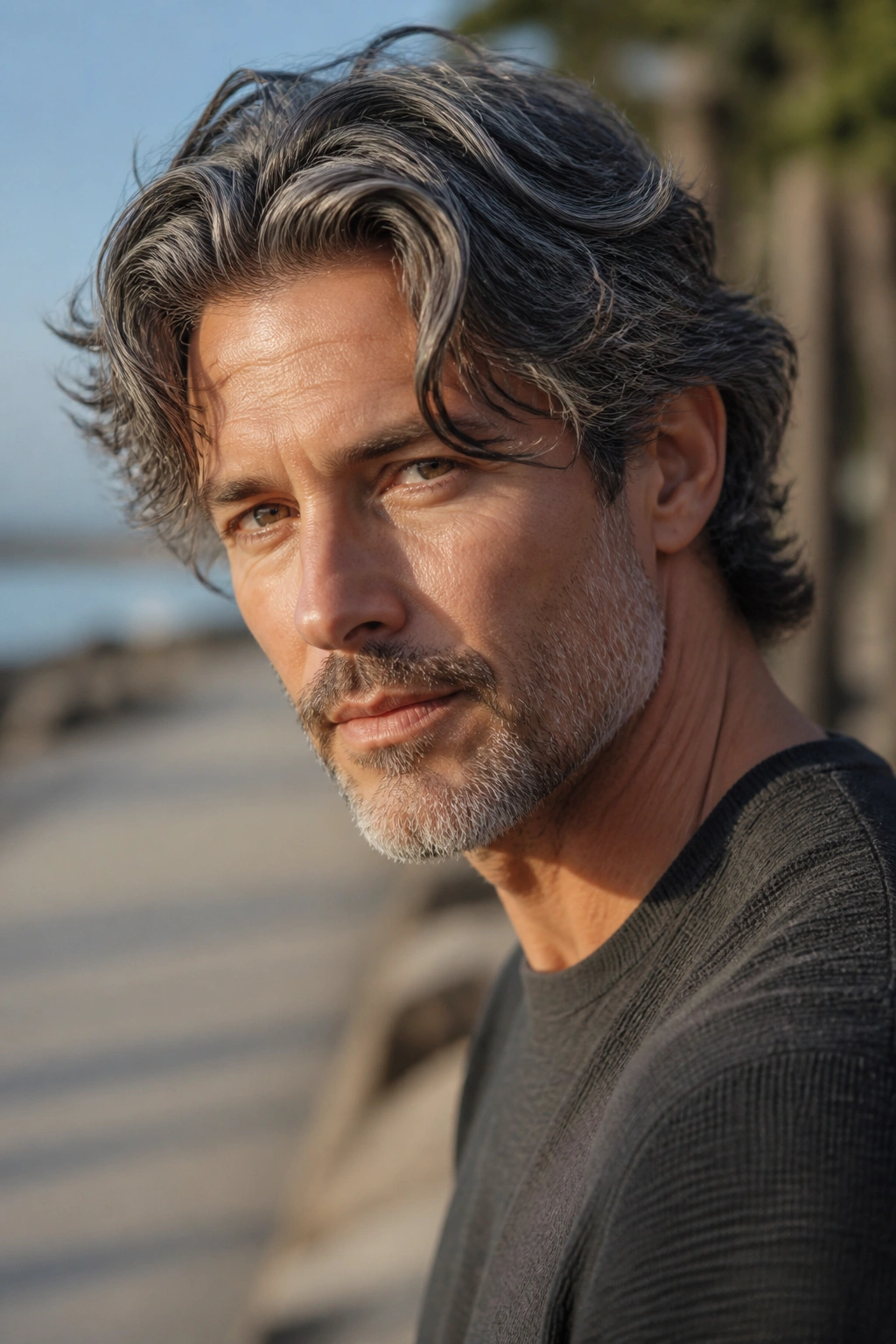 Man with gunmetal gray wavy hair portrait in outdoor setting.